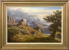 Retro Mountain Landscape Painting with Sheep Dog & Shepherd in Lake District England