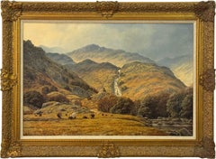 Sheep by Mountain Waterfall in Lake District England an Original Oil on Canvas