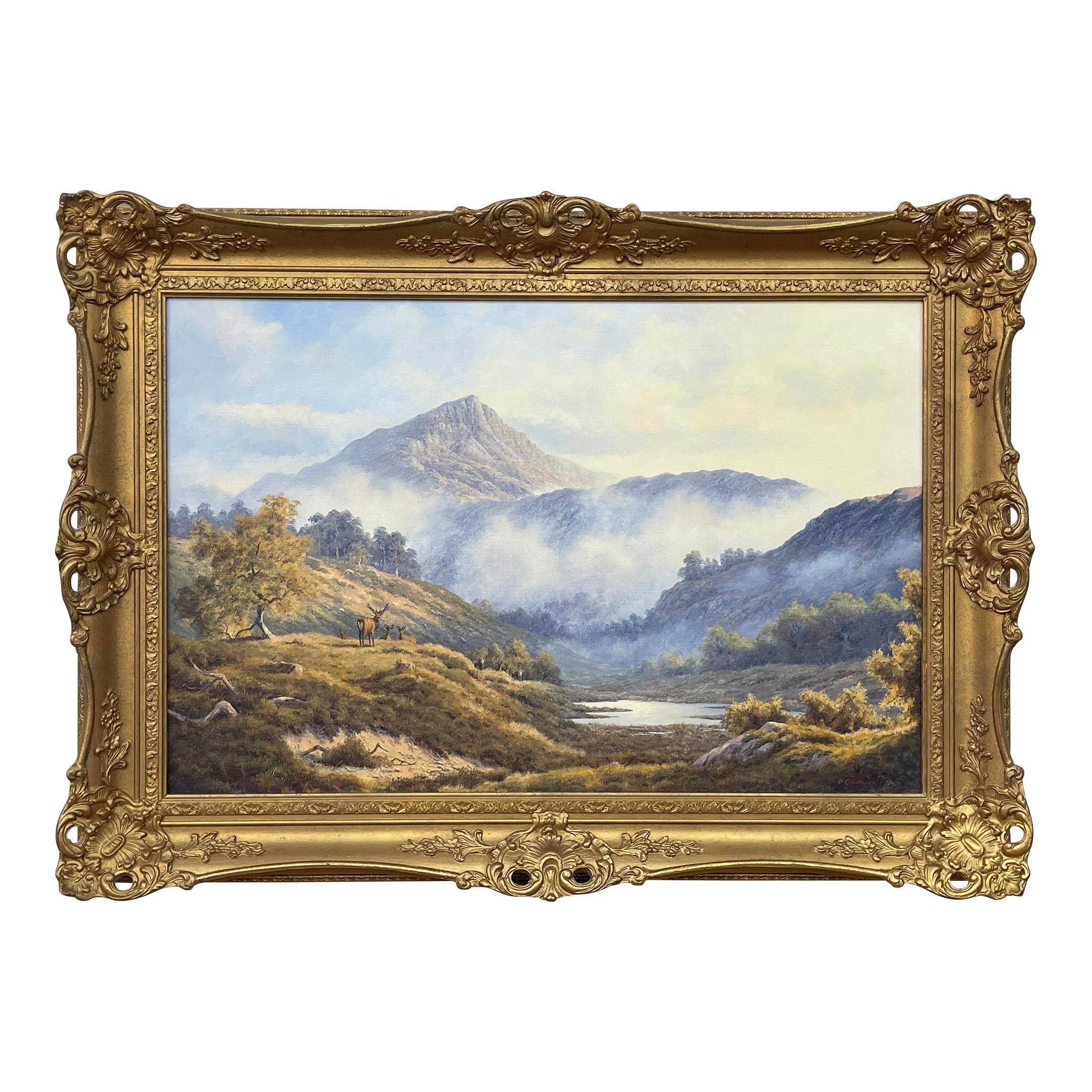 Landscape Painting Peter Coulthard - Cerf sauvage dans la brume du matin dans la forêt des Highlands écossais par un artiste The Modern Britishs