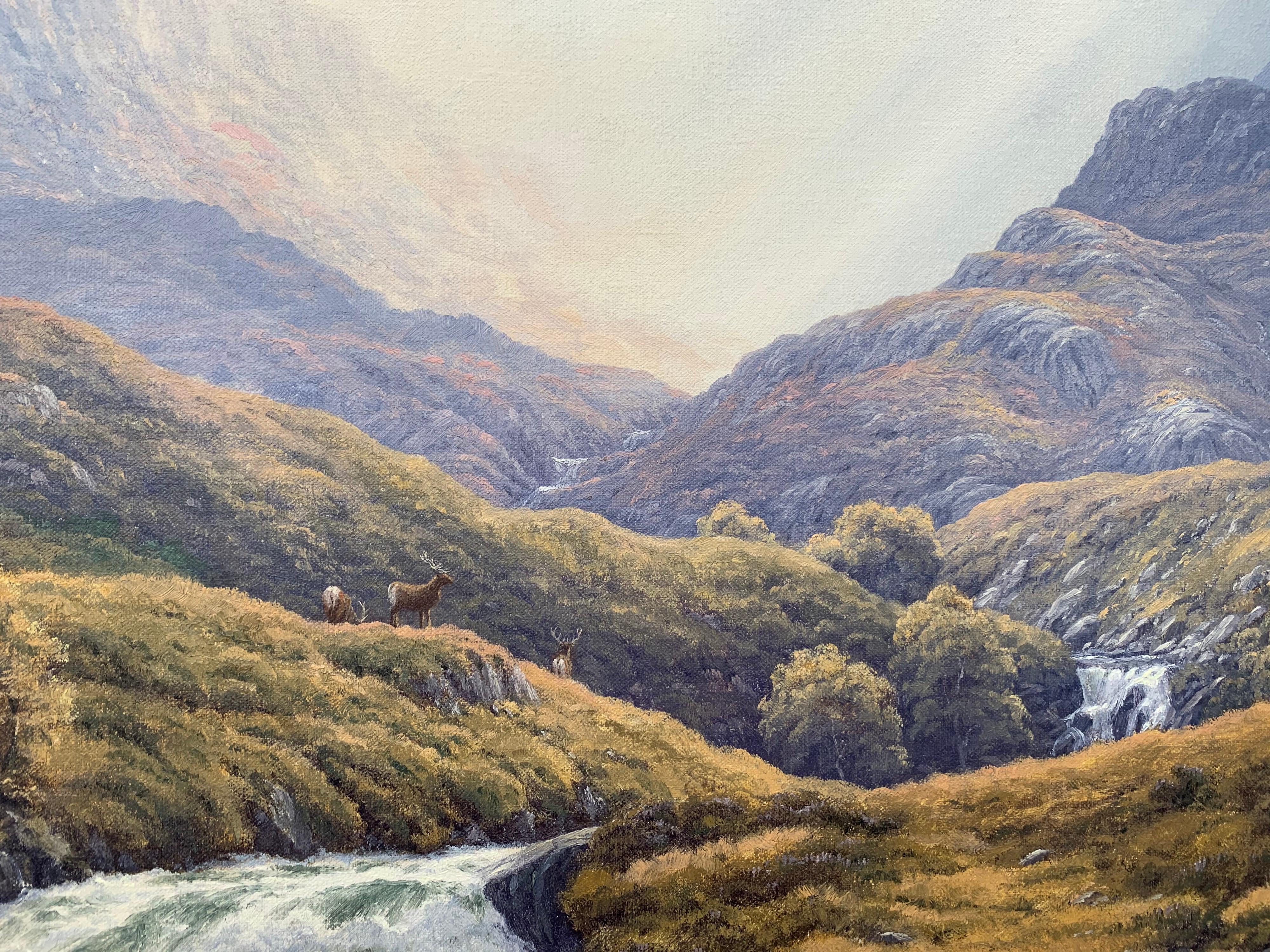 Wild Deer in Scottish Highland Forest with Mountain River by British Artist 7