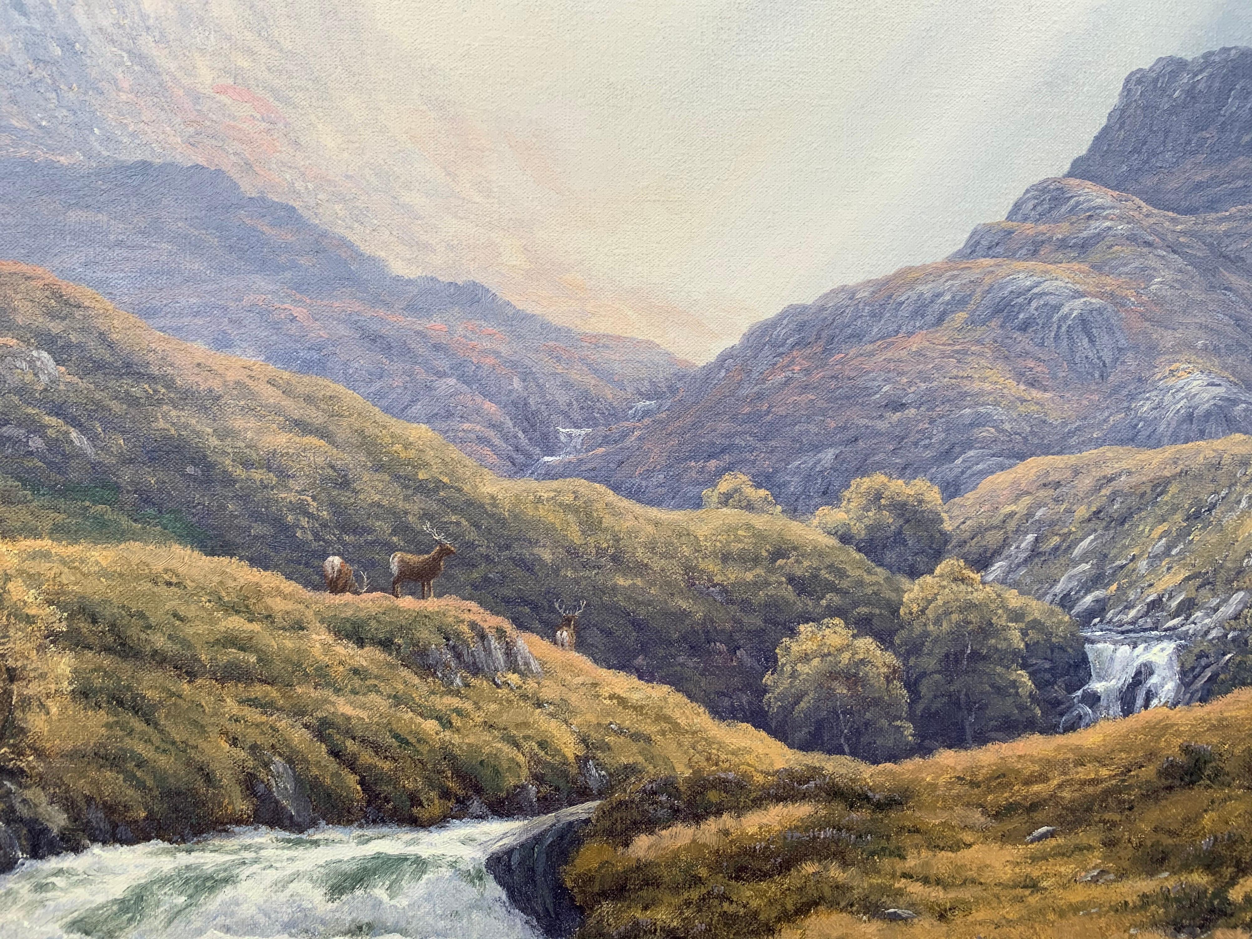 Wild Deer in Scottish Highland Forest with Mountain River by British Artist 10
