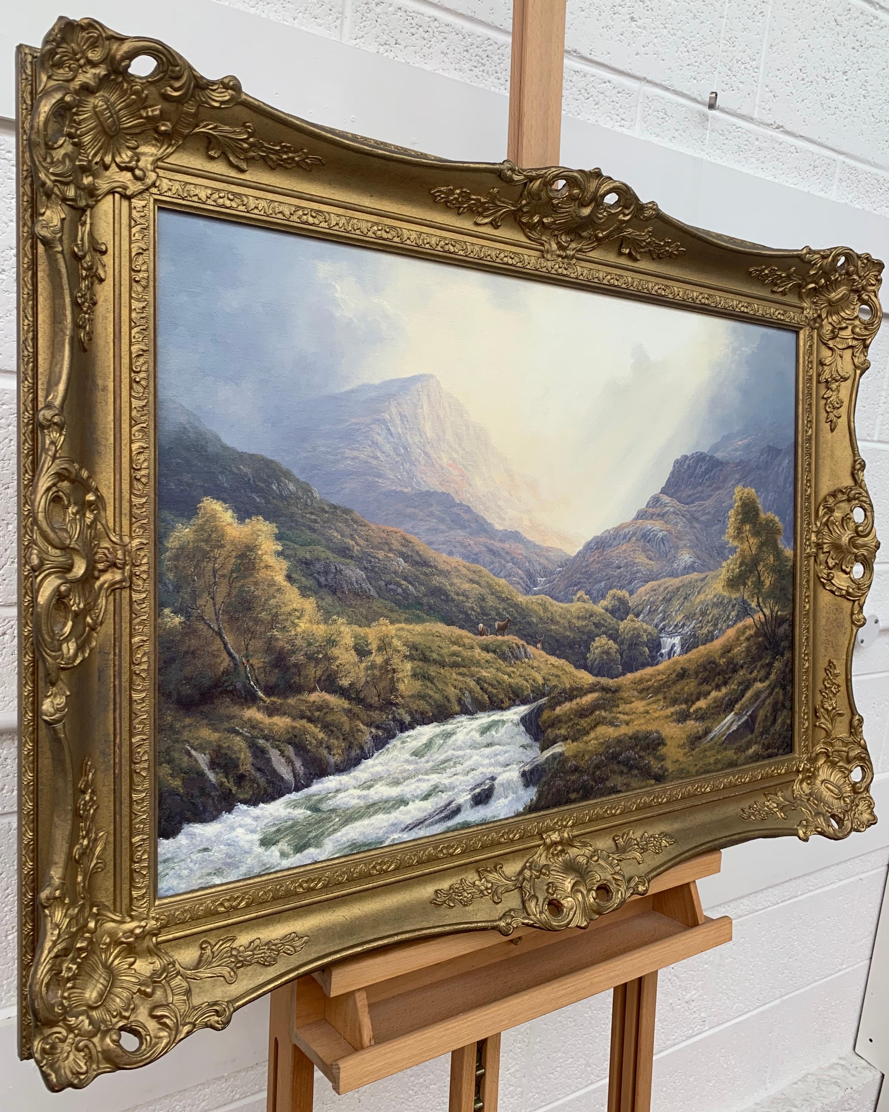 Wild Deer in Scottish Highland Forest with Mountain River by British Artist - Painting by Peter Coulthard