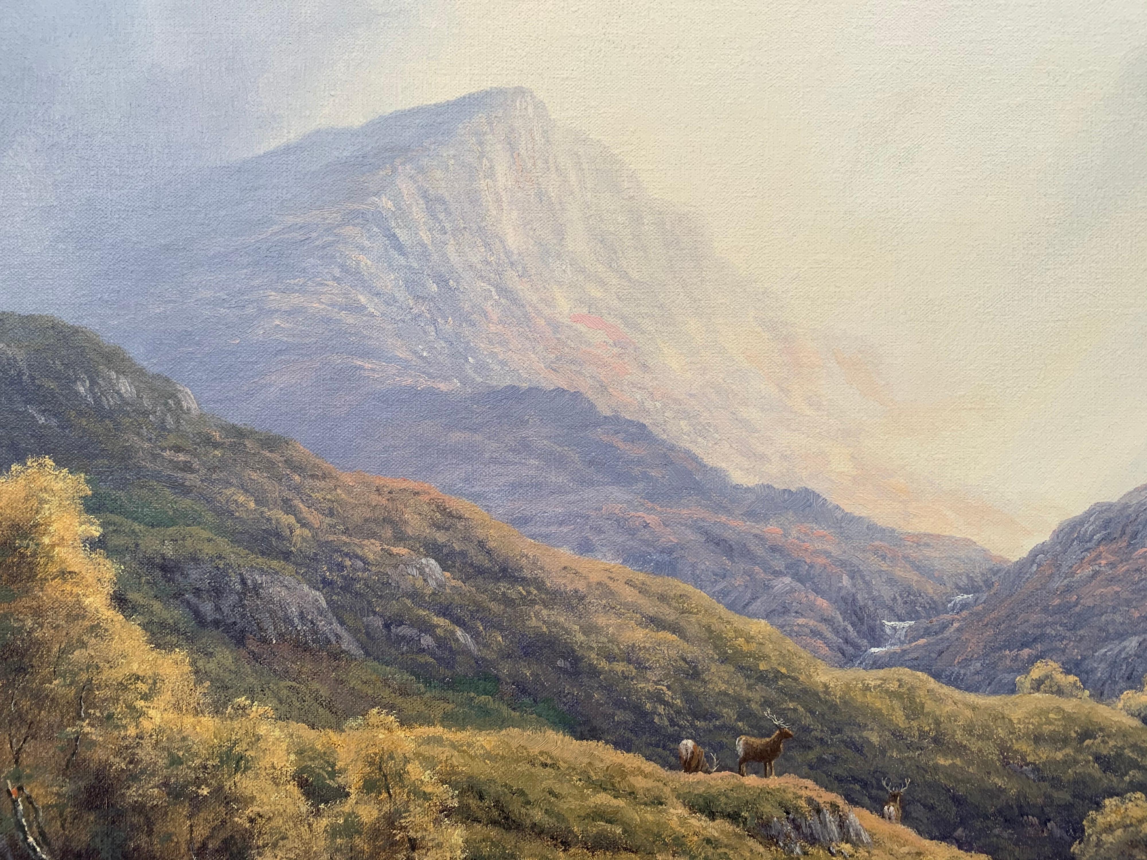 Wild Deer in Scottish Highland Forest with Mountain River by British Artist - Realist Painting by Peter Coulthard