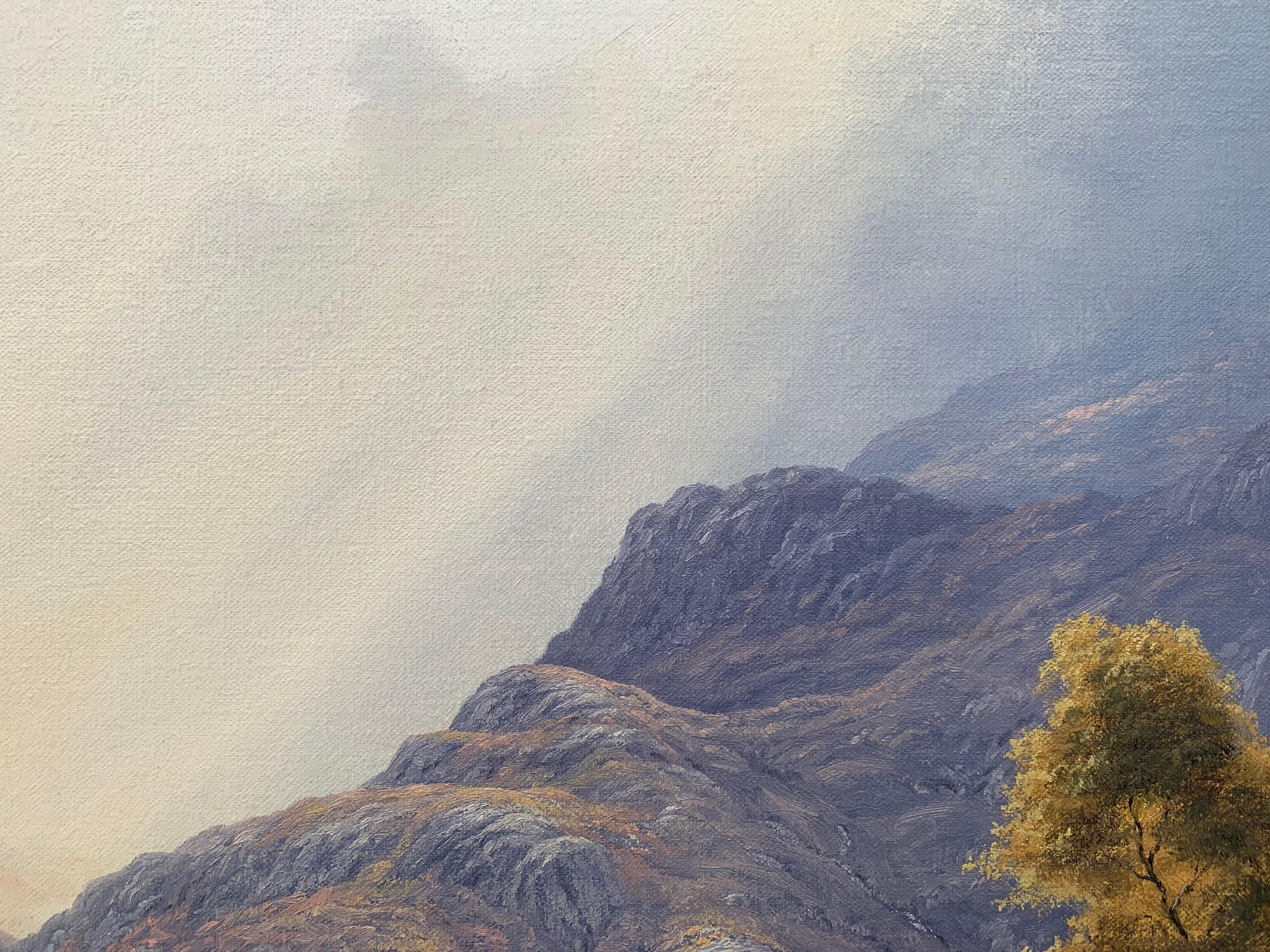 Wild Deer in Scottish Highland Forest with Mountain River by Modern British Artist entitled 'Summer's End in the Strathconon Forest'.

Art measure 30 x 20 inches
Frame measures 36 x 26 inches

Peter Coulthard was brought up in the Pennine