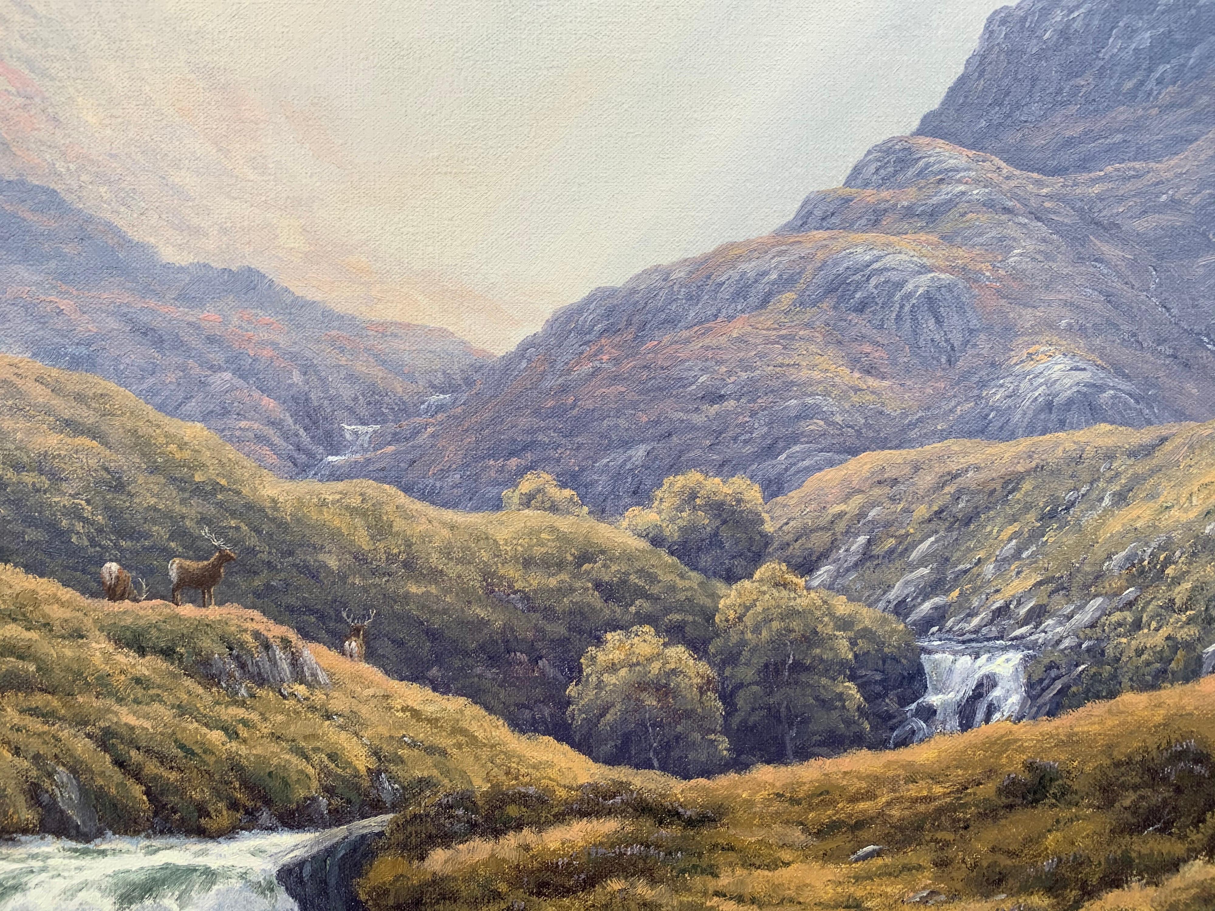 Wild Deer in Scottish Highland Forest with Mountain River by British Artist 1