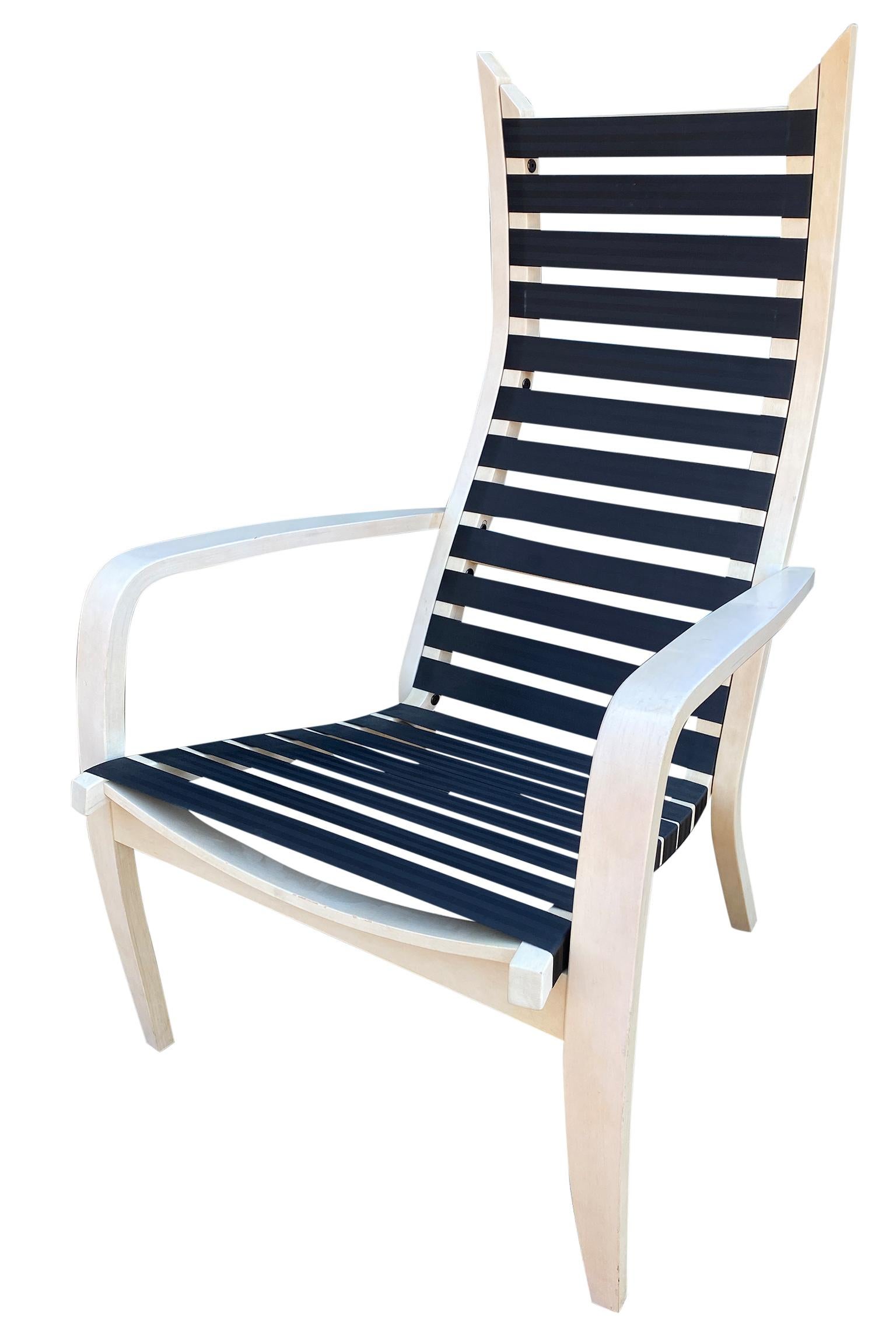 Peter Danko Design Gotham Lounge chair modern. Bent Birch wood - white washed with black Nylon straps. Excellent condition very rare and comfortable. Sold by J. Persing - Documented.