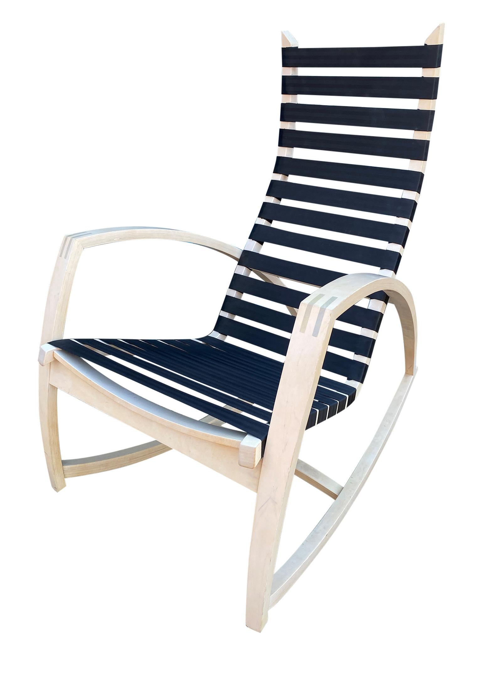 Peter Danko Design Gotham Rocking chair modern. Bent Birch wood - white washed with black Nylon straps. Excellent condition very rare and comfortable. Sold by J. Persing - Documented.