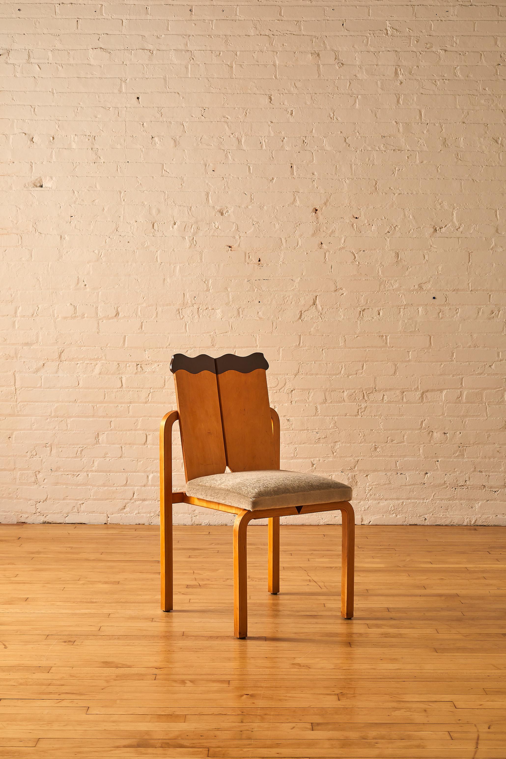 Peter Danko “Electronic Cottage” dining chairs. (Set of 6) Newly reupholstered in Mohair. 

About Peter Danko:
Peter Danko Designed the chairs for the Electronic Cottage. The design adopts a way to use stress skin engineering to structure a