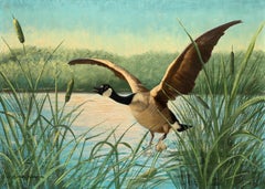 Vintage Canada Goose in Flight, Wildlife Painting by Peter Darro