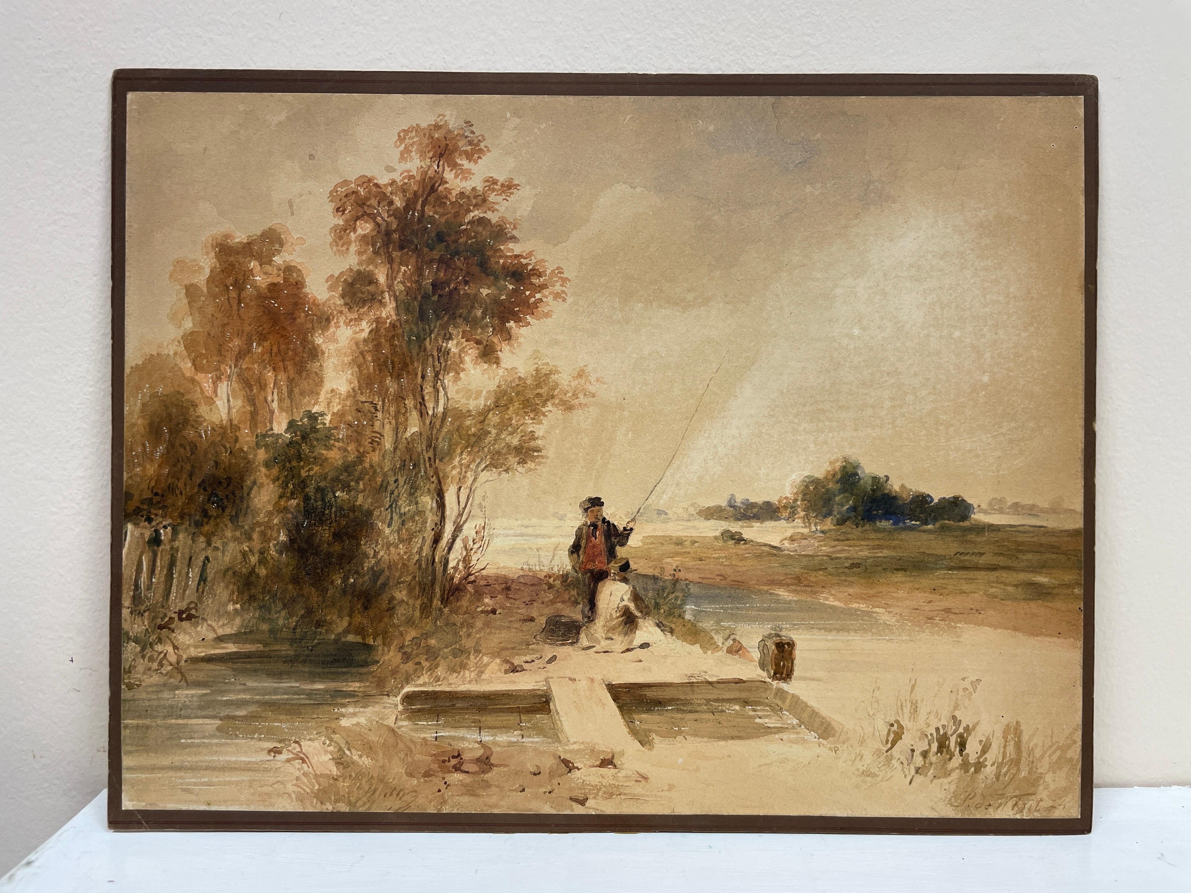 Aquarell des frühen 19. Jahrhunderts, Junge Angler auf Flussleder, schöne Landschaft – Art von Peter de Wint 