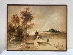 Aquarelle du début du 19e siècle, Jeunes pêcheurs sur la rivière Lea, beau paysage