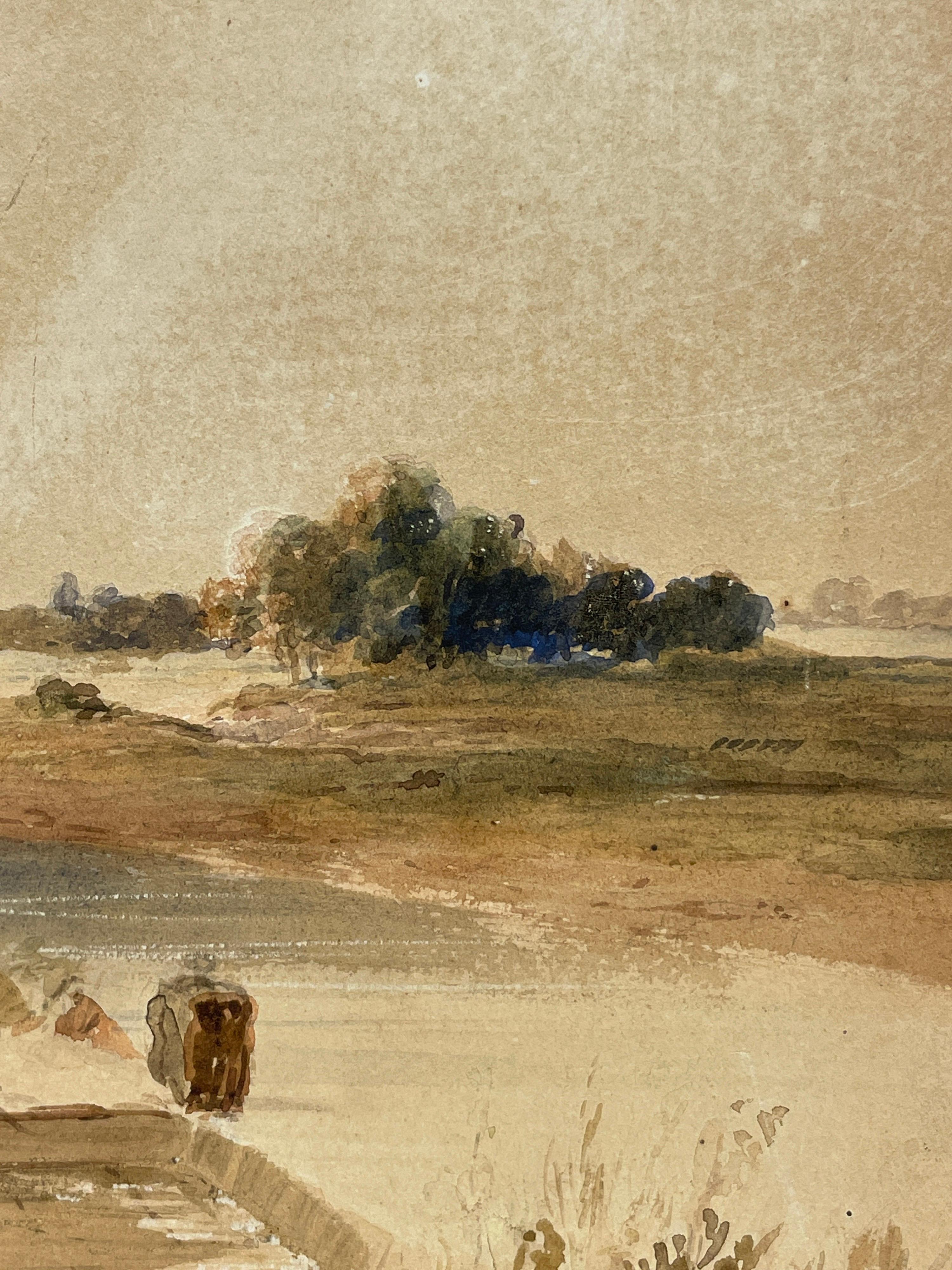 Early 19th Century Watercolour, Young Anglers on River Lea, Fine Landscape - Beige Landscape Art by Peter de Wint 