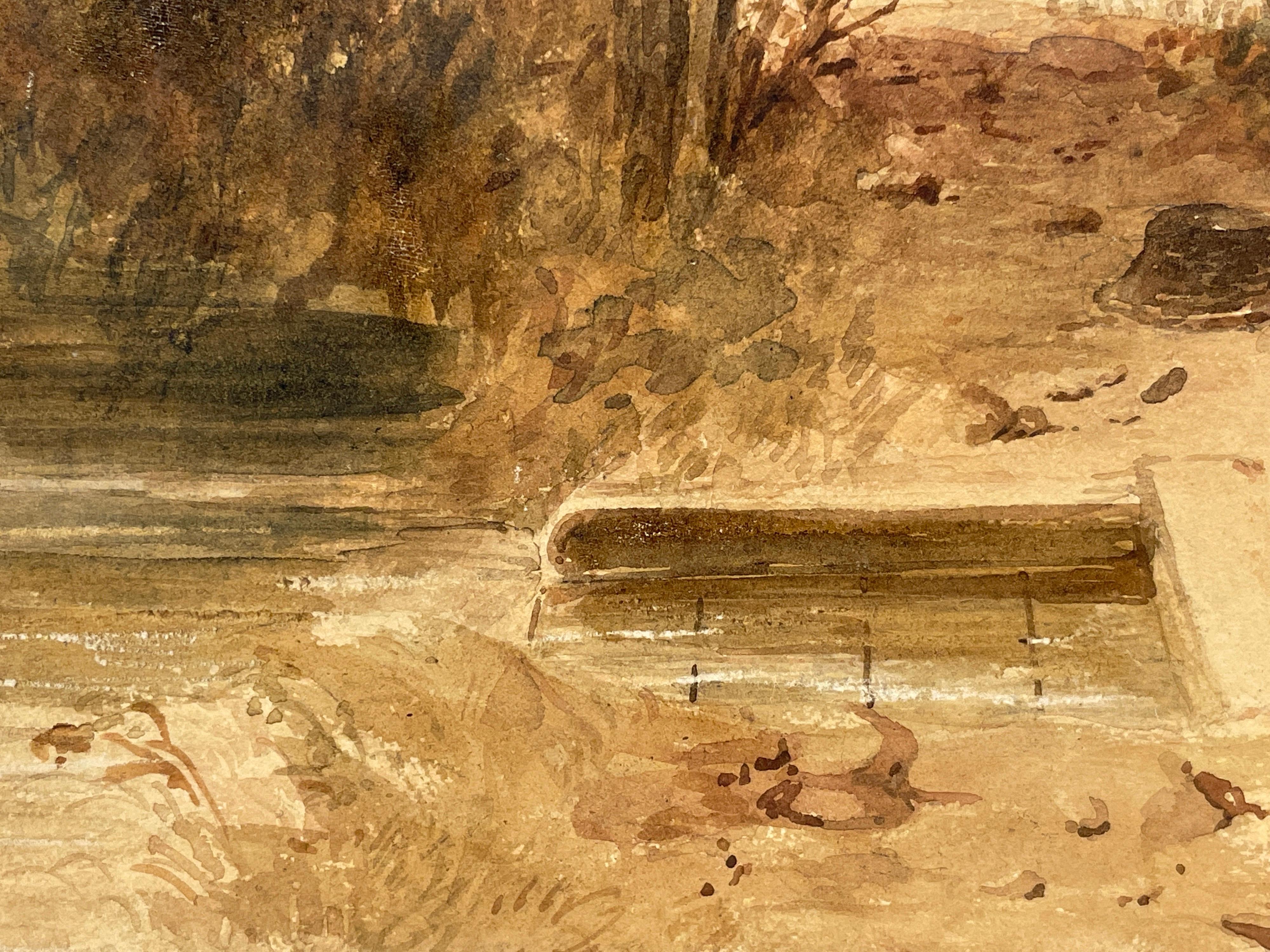 Aquarell des frühen 19. Jahrhunderts, Junge Angler auf Flussleder, schöne Landschaft im Angebot 2