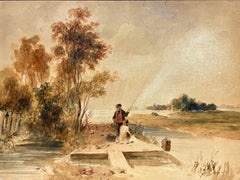 Aquarell des frühen 19. Jahrhunderts, Junge Angler auf Flussleder, schöne Landschaft