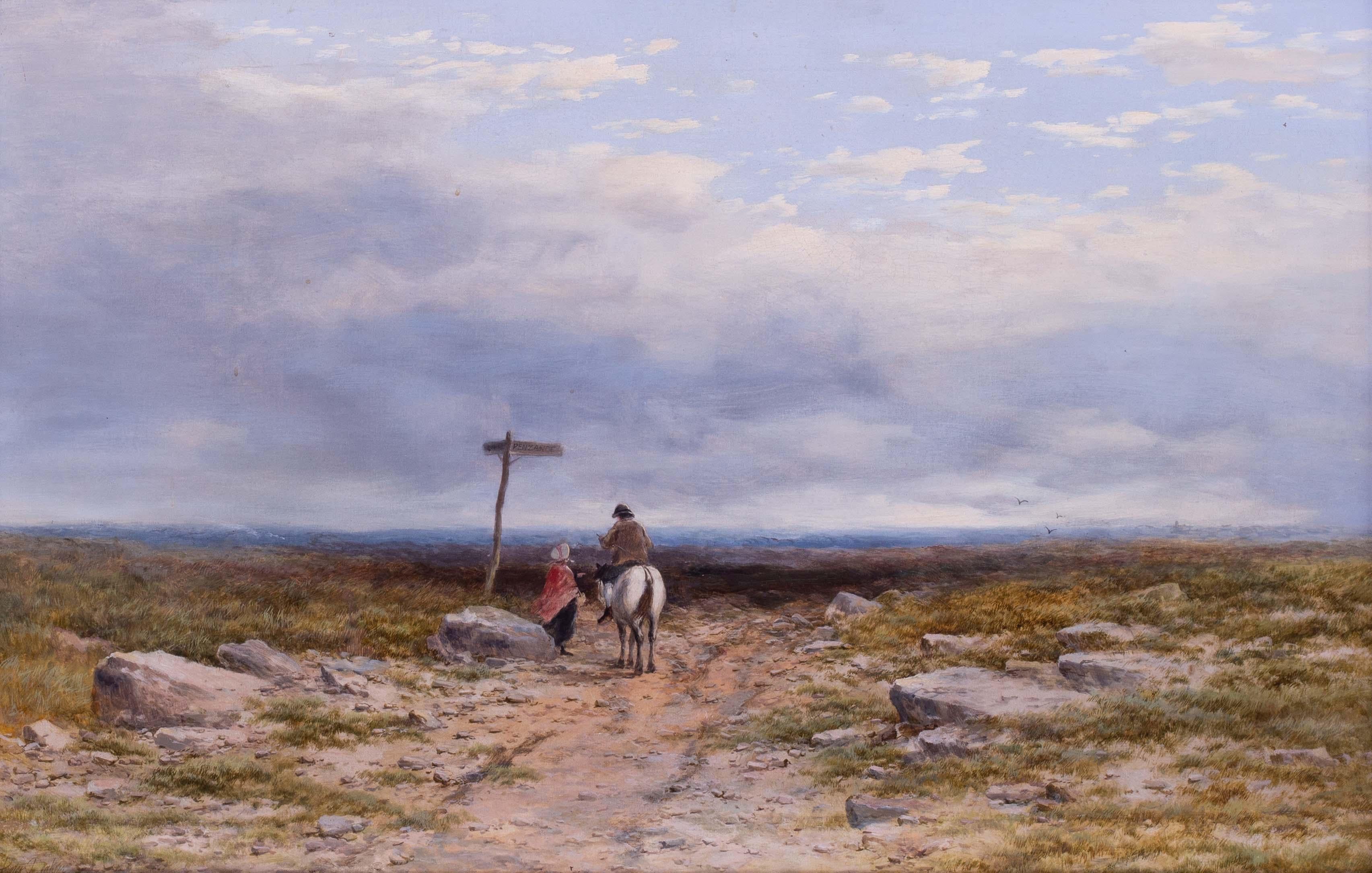 19th Century landscape oil painting of travellers on the Penzance Road, Cornwall - Painting by Peter Deakin