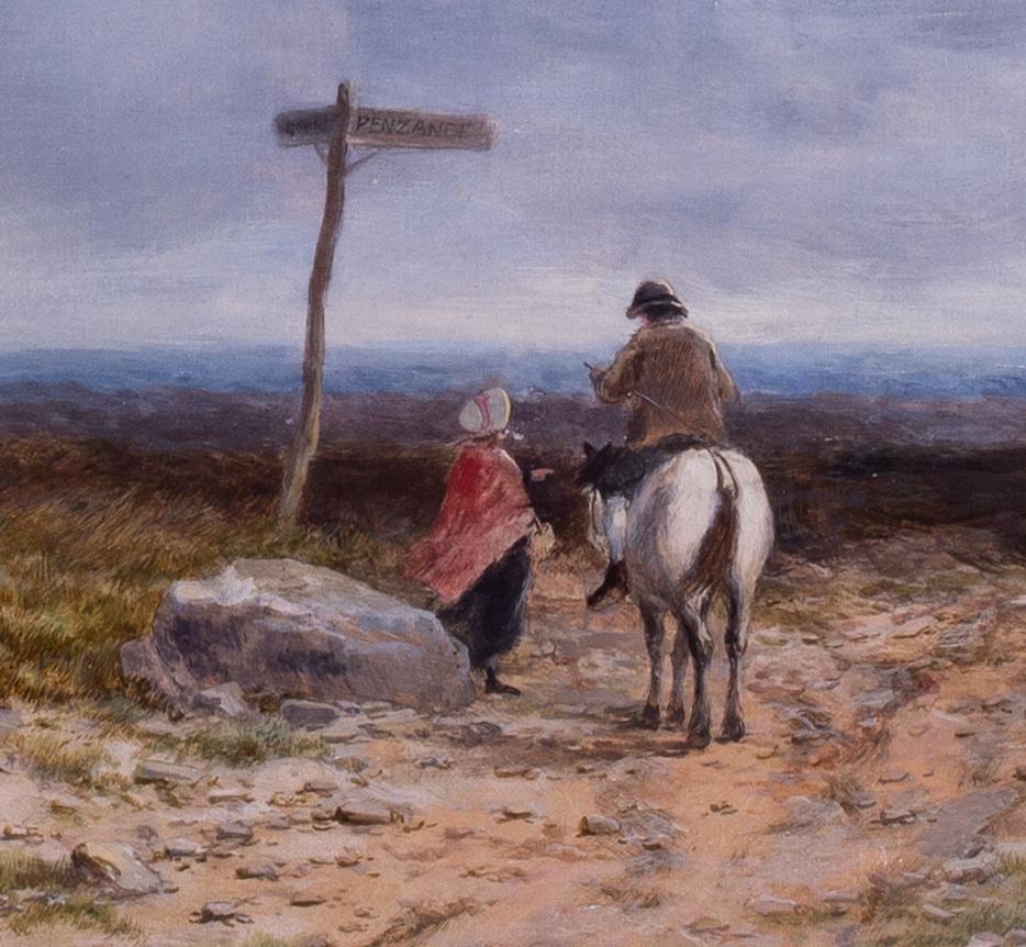 A very nice, detailed 19th Century landscape of travellers on the crossroads of the Penzance Road in Cornwall by British artist Peter Deakin.

The details of the work are as follows:
Peter Deakin RBSA (British, 1830 – 1899)
Travellers on the