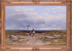 Antique 19th Century landscape oil painting of travellers on the Penzance Road, Cornwall