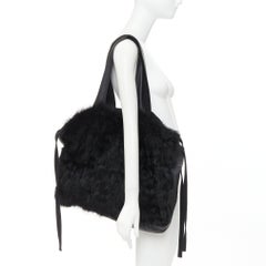 PETER DO black shearling fur supple soft leather white logo shoulder tote bag