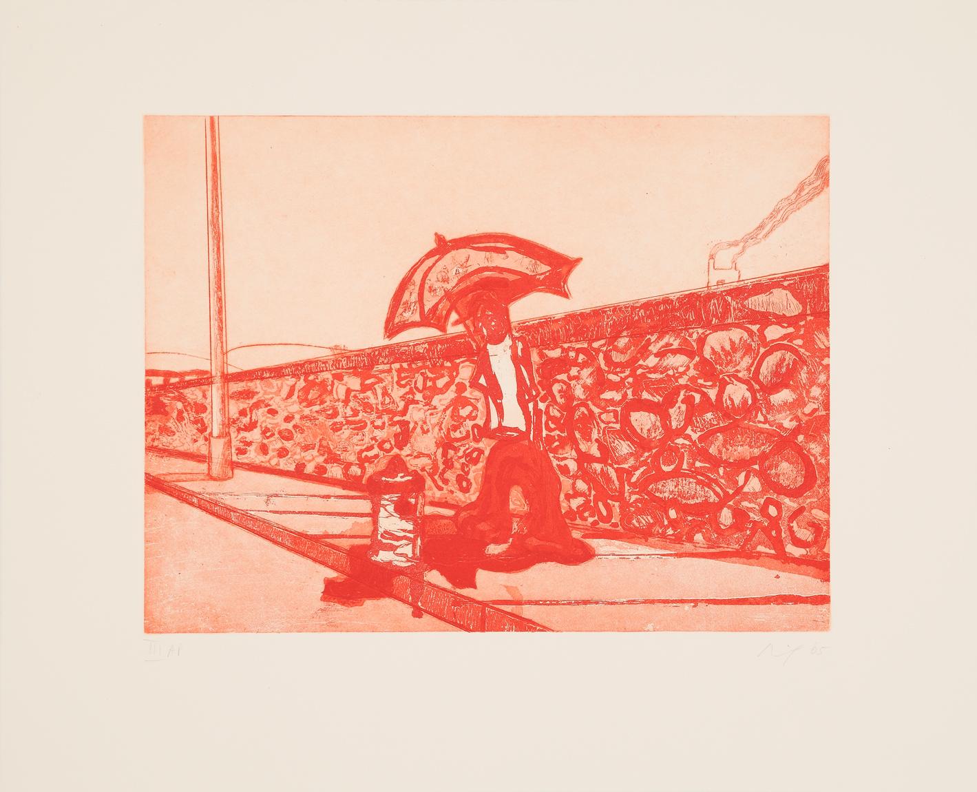 Figurative Print di Peter Doig - Lapeyrouse Wall - Contemporaneo, Acquaforte, Ombrello, Rosso, Urbano, Memoriale