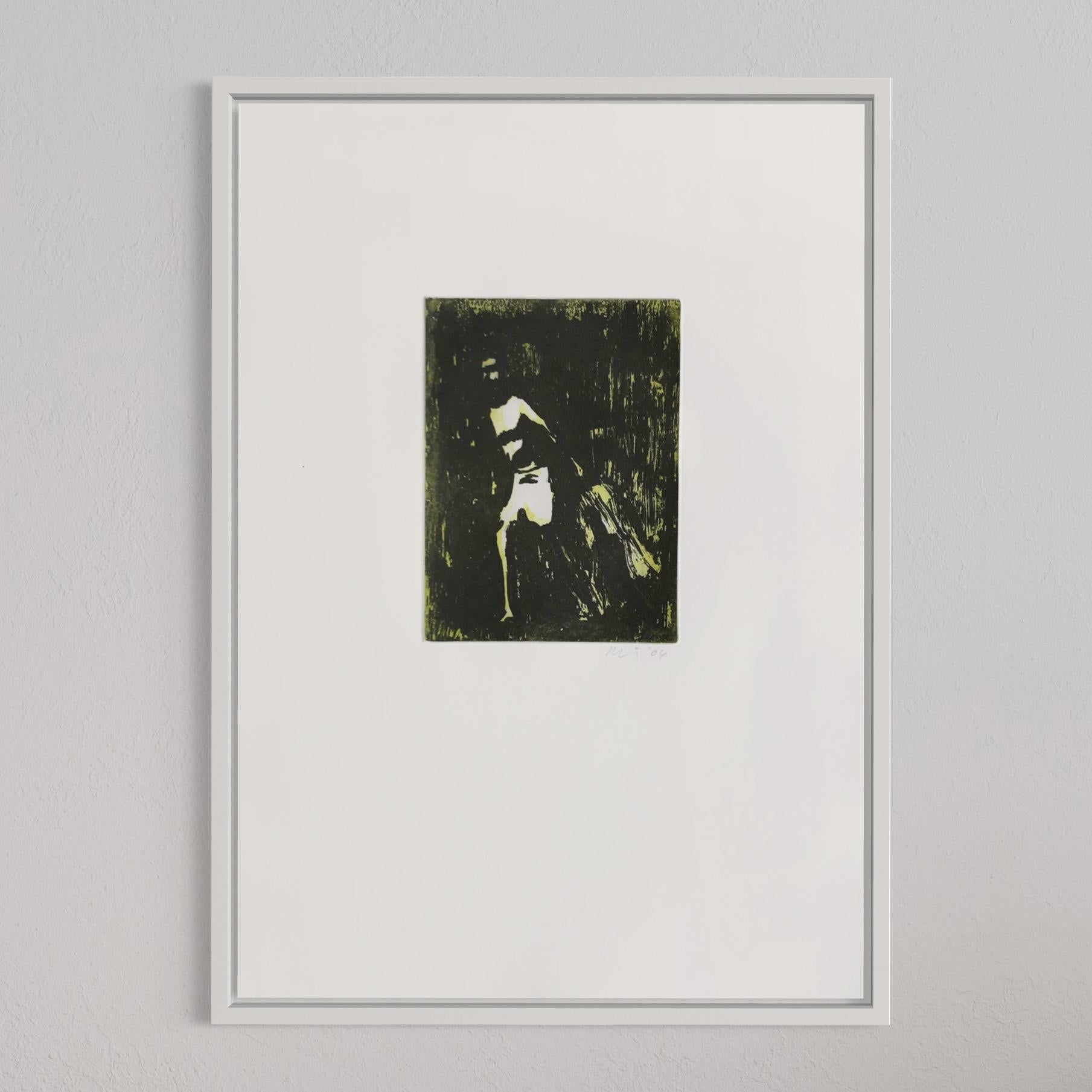 Peter Doig (geboren 1959 in Edinburgh)
Fischer, 2004
Serie: Aus dem Portfolio "Black Palms"
Medium: Radierung in Farben, auf 250g/qm Zerkall-Papier
Format: 53,5 × 38 cm (21 1/10 × 15 Zoll)
Herausgeber: Griffelkunst-Vereinigung, Hamburg
Druckerei: