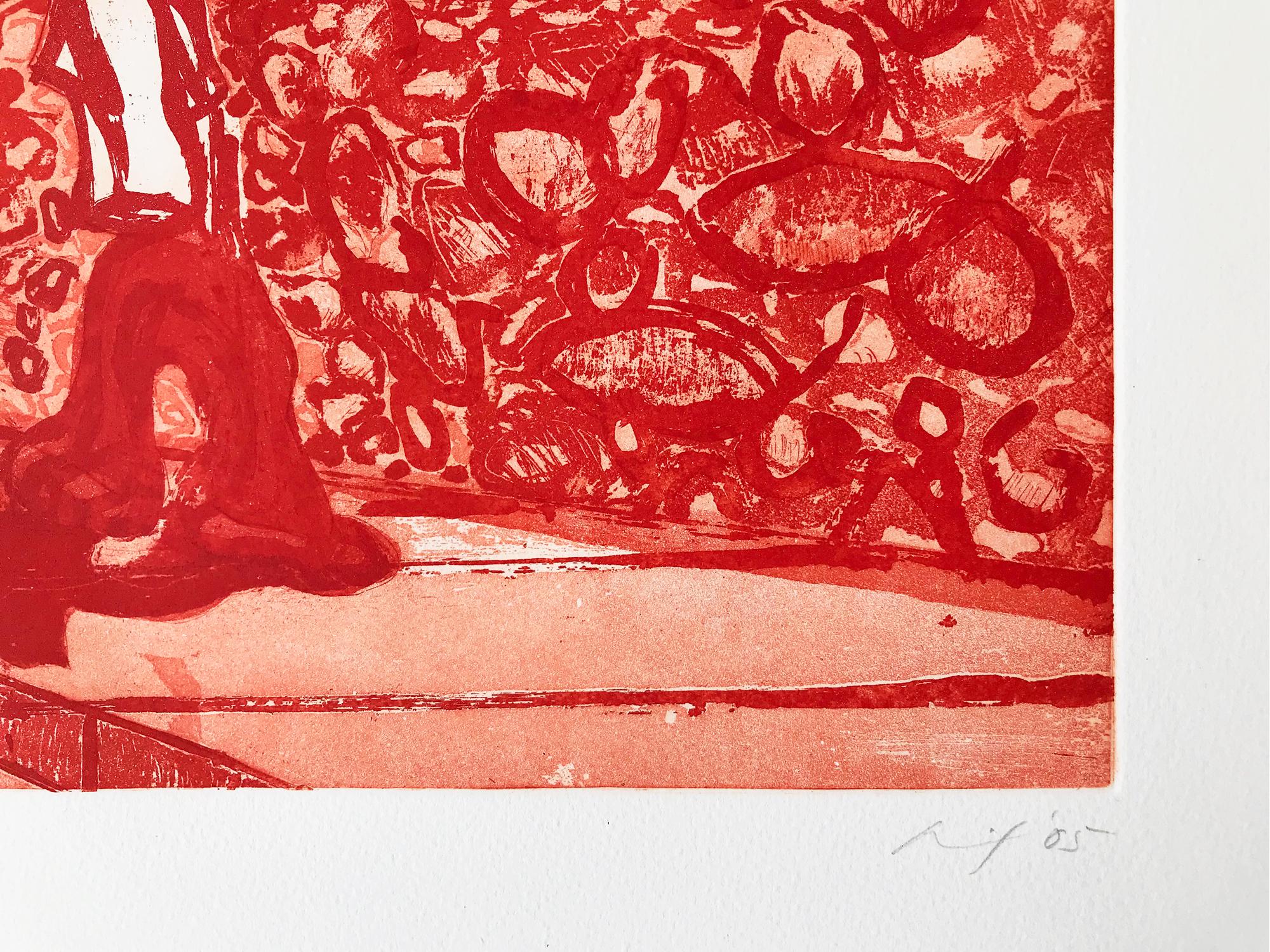 Peter Doig (born 1959 in Edinburgh)
Lapeyrouse Wall, 2005
Medium: Etching with aquatint printed in red on wove paper, with full margins
Dimensions: 29.5 × 39.2 cm (45.4 x 56 cm)
Edition of 35: Hand signed, dated and numbered in pencil
Condition: