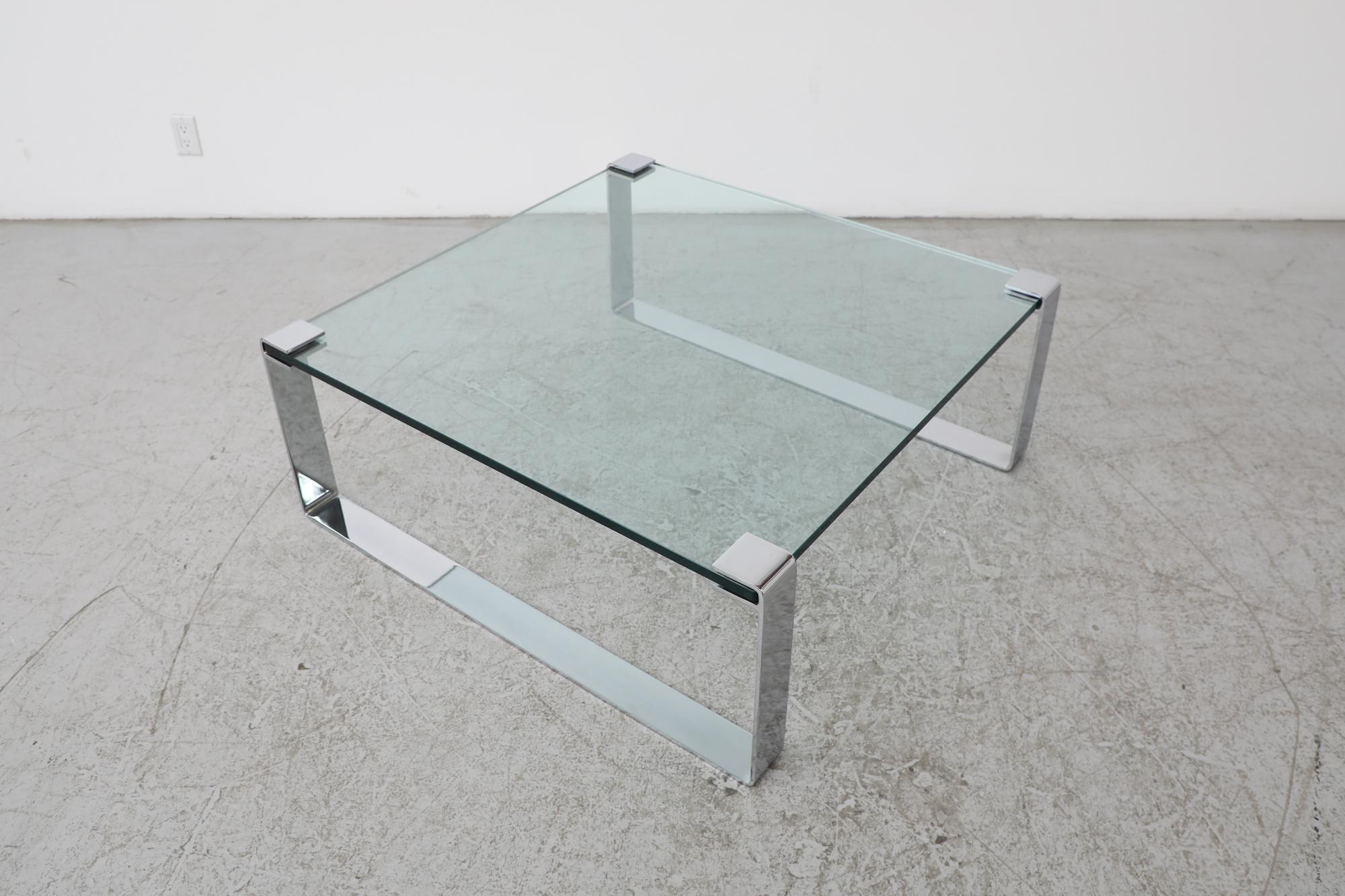 Couchtisch aus dickem Glas mit quadratischem Chromsockel von Peter Draenert, Modell 1022 im Angebot 7