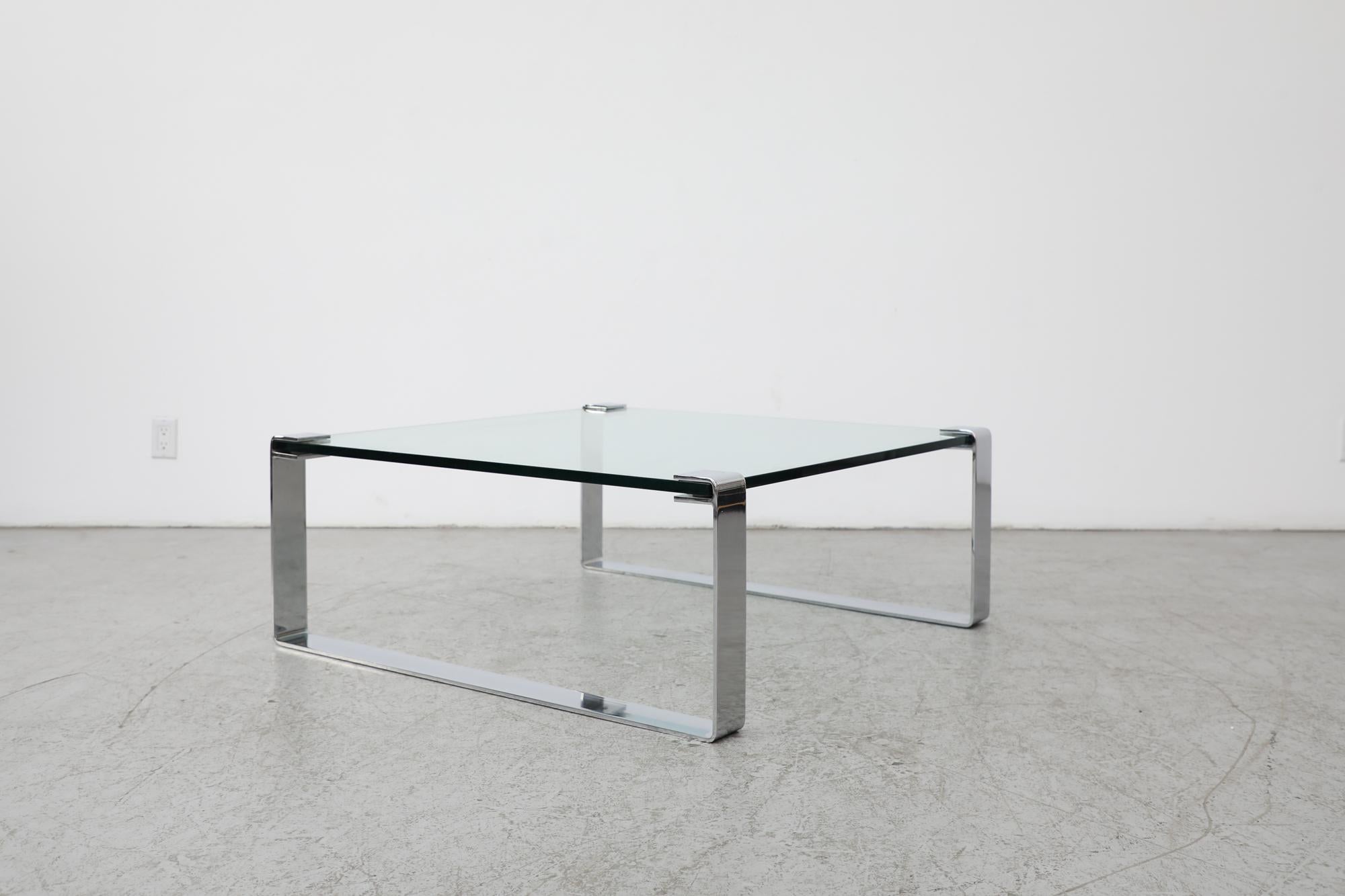 Peter Draenert Model 1022 Thick Glass Coffee Table with Square Chrome Base In Good Condition For Sale In Los Angeles, CA