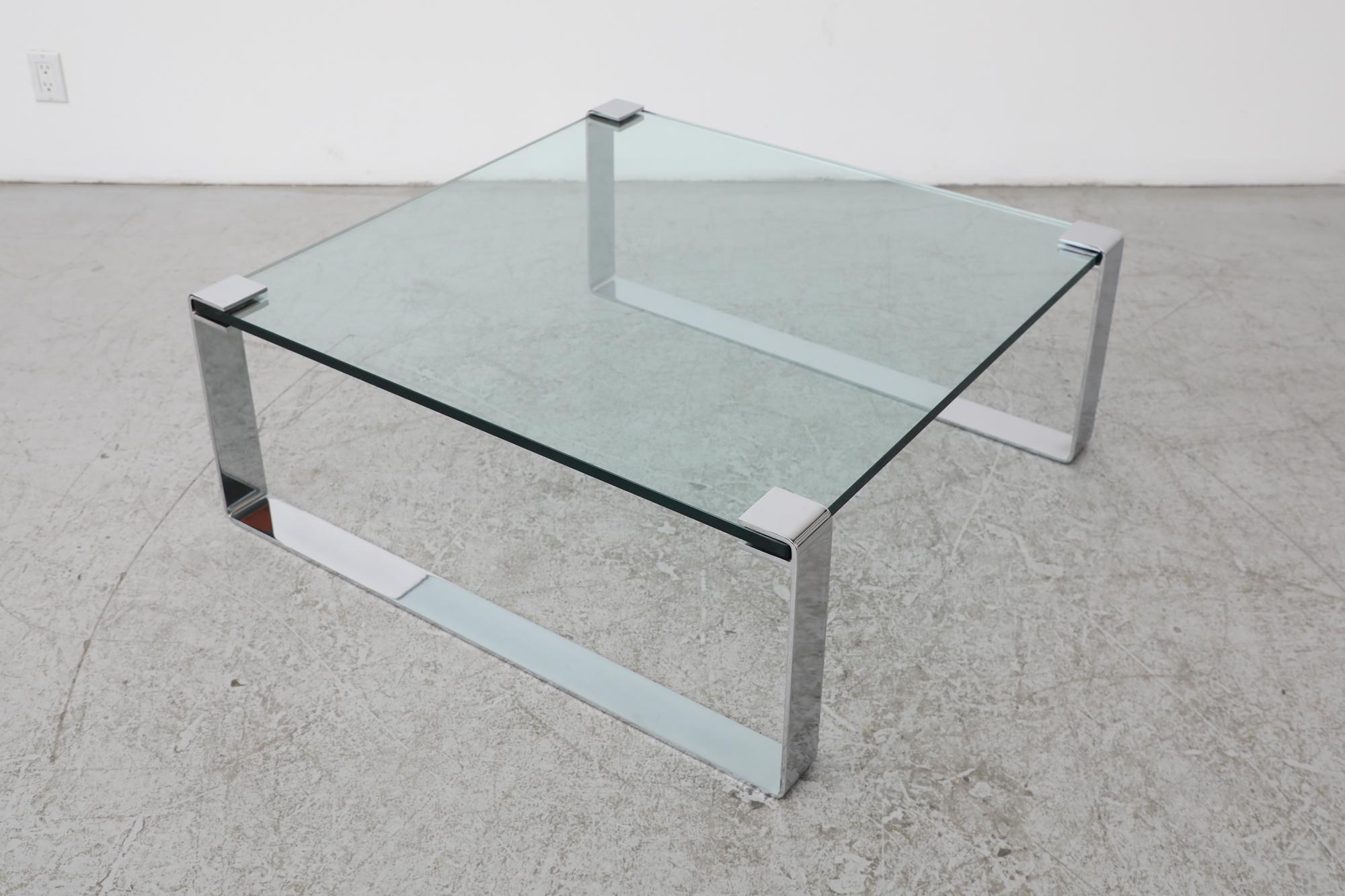 Mid-20th Century Peter Draenert Model 1022 Thick Glass Coffee Table with Square Chrome Base For Sale