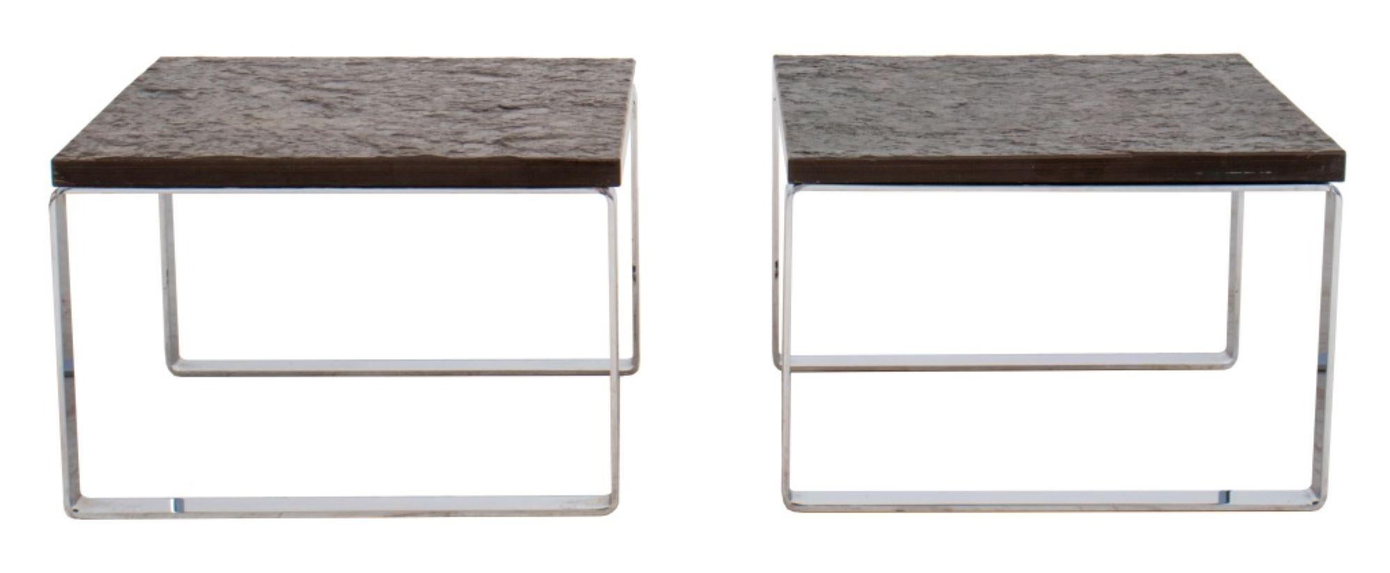 Peter Draenert (German, 1937-2005) Modern design pair of Model 1062 end tables, circa 1970s, with chromed legs and slate stone tops with textured surface, in the manner of Hans Eichenberger (Swiss, b. 1926). 16