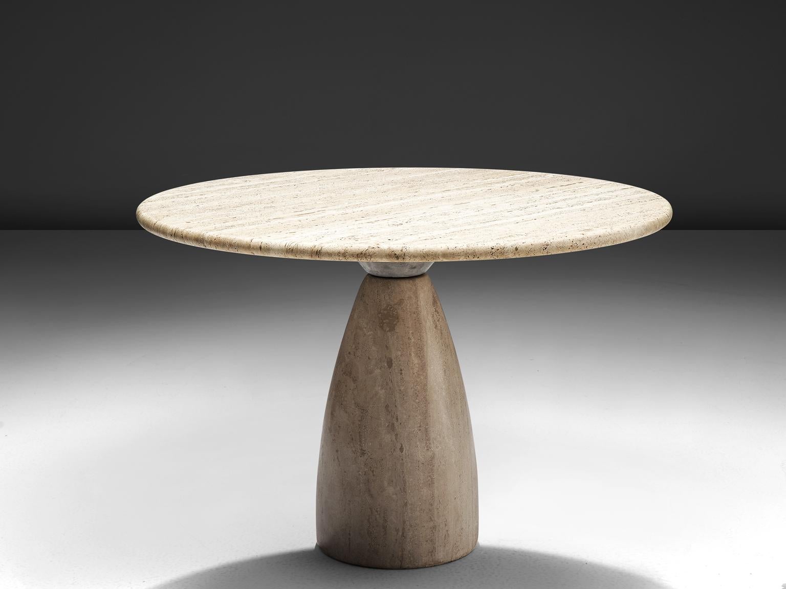 Peter Draenert for Draenert, “Finale 1790” solid travertine table, travertine, Germany, 1970s.

This very heavy solid travertine dining table by Peter Draenert features a volumuous cone-shaped pedestal with a thick circular table top. The