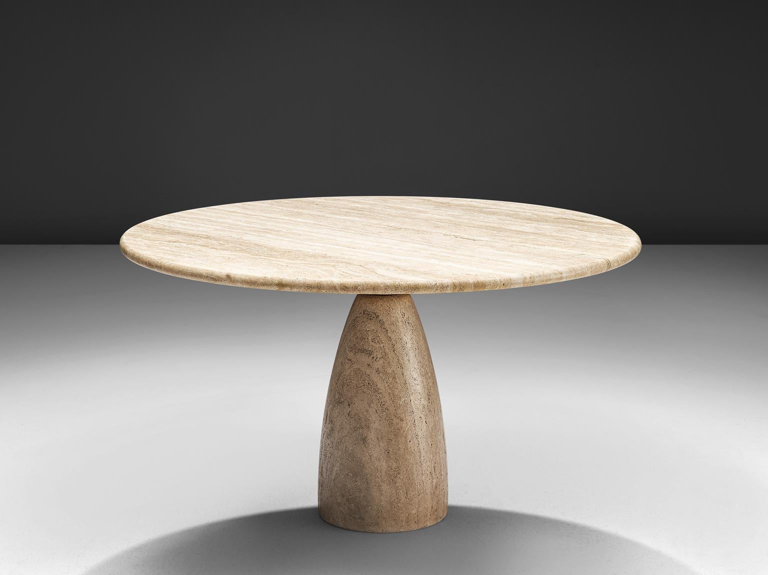 Peter Draenert for Draenert, “Finale 1790” solid travertine table, travertine, Germany, 1970s.

This very heavy solid travertine dining table by Peter Draenert features a volumuous cone-shaped pedestal with a thick circular tabletop. The