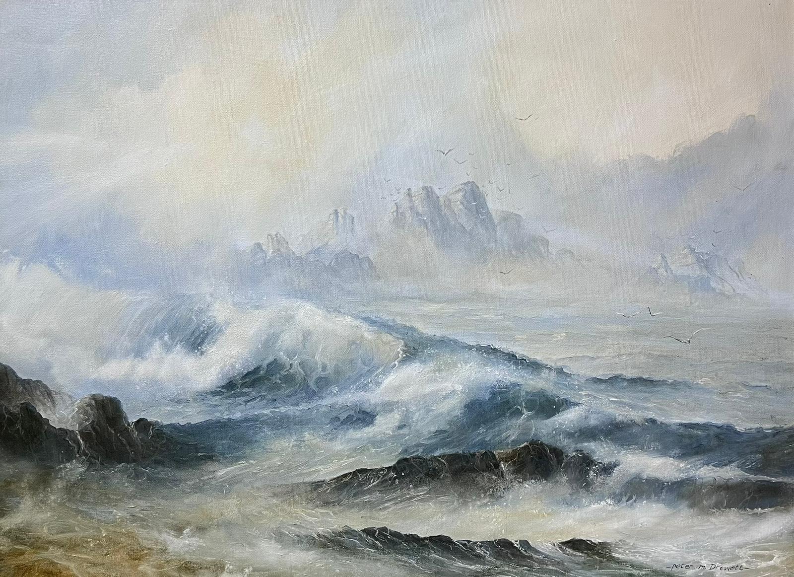 Paisaje costero escocés Olas rompientes Pintura al óleo sobre lienzo original firmada - Painting de Peter Drewett