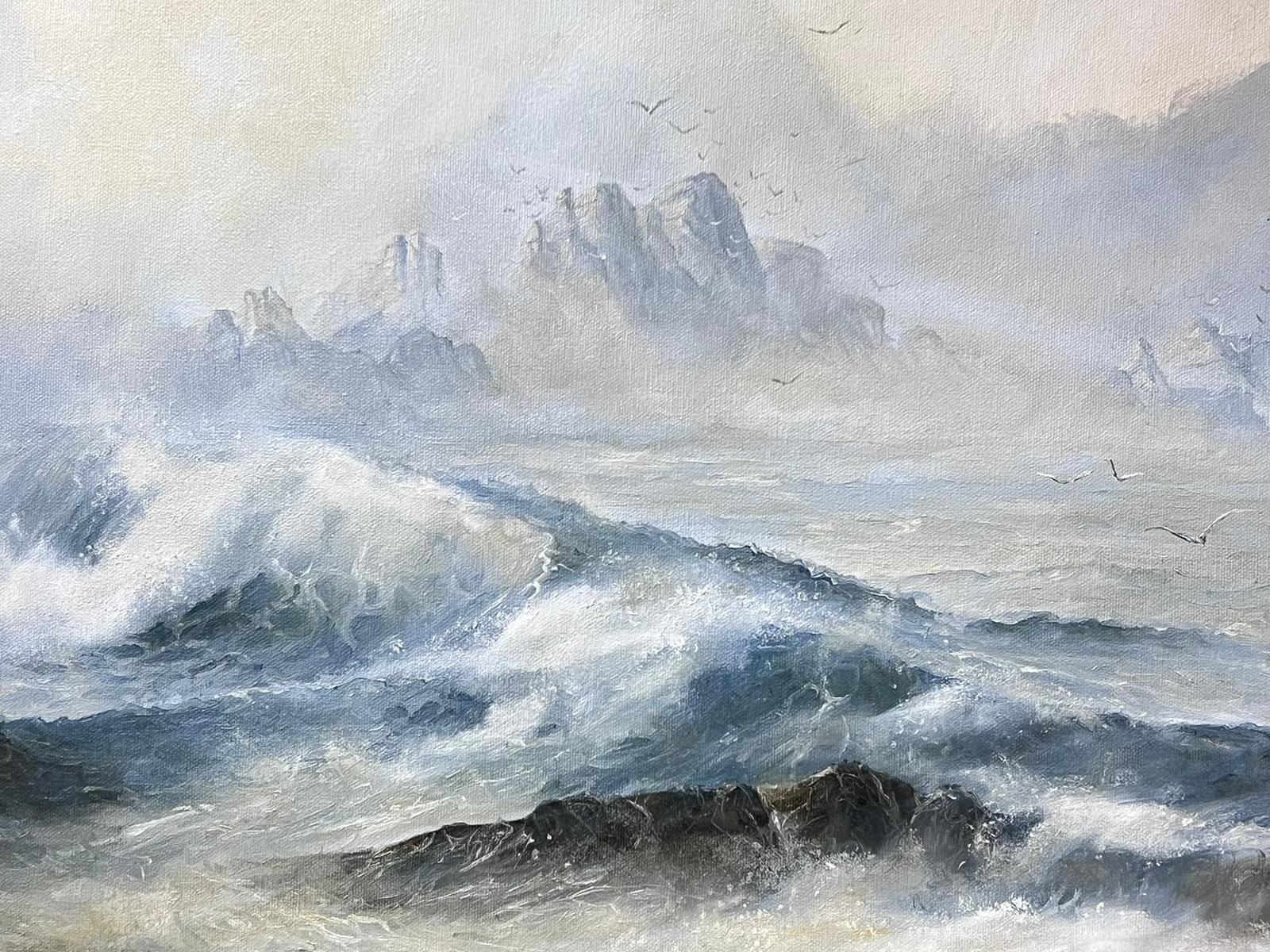 Paisaje costero escocés Olas rompientes Pintura al óleo sobre lienzo original firmada - Painting Impresionista de Peter Drewett