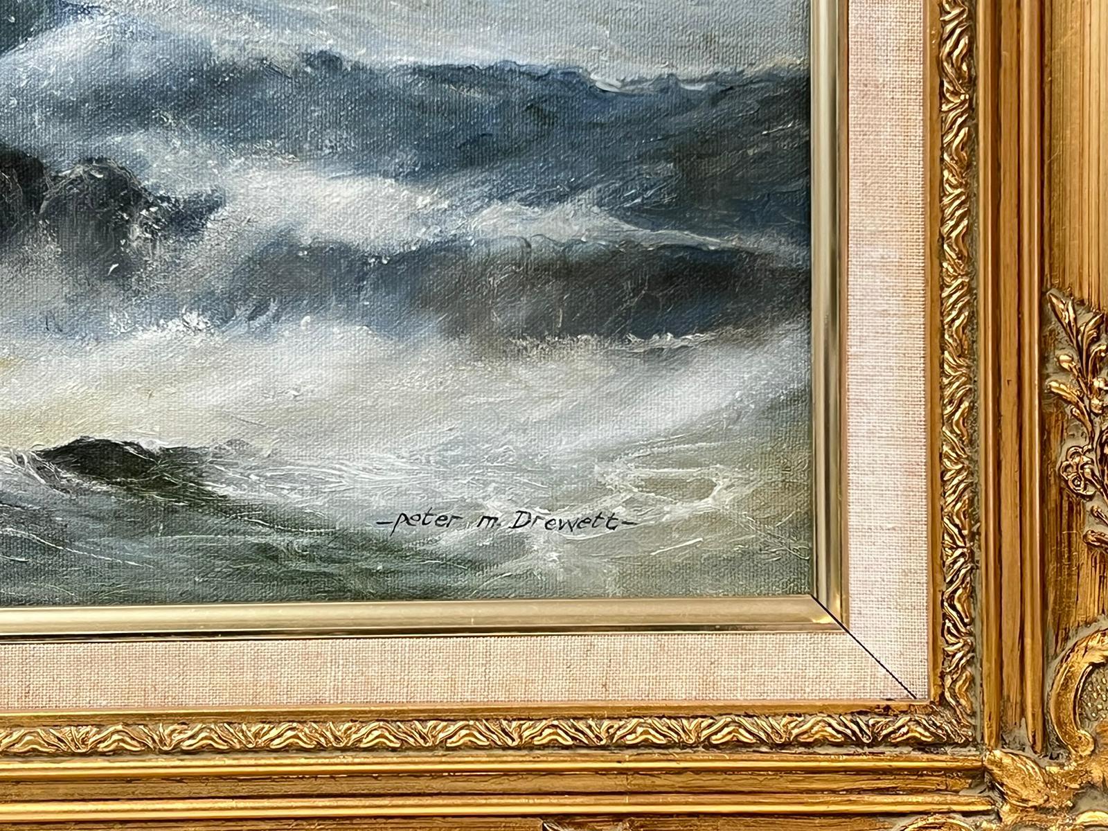 Paisaje costero escocés Olas rompientes Pintura al óleo sobre lienzo original firmada 1