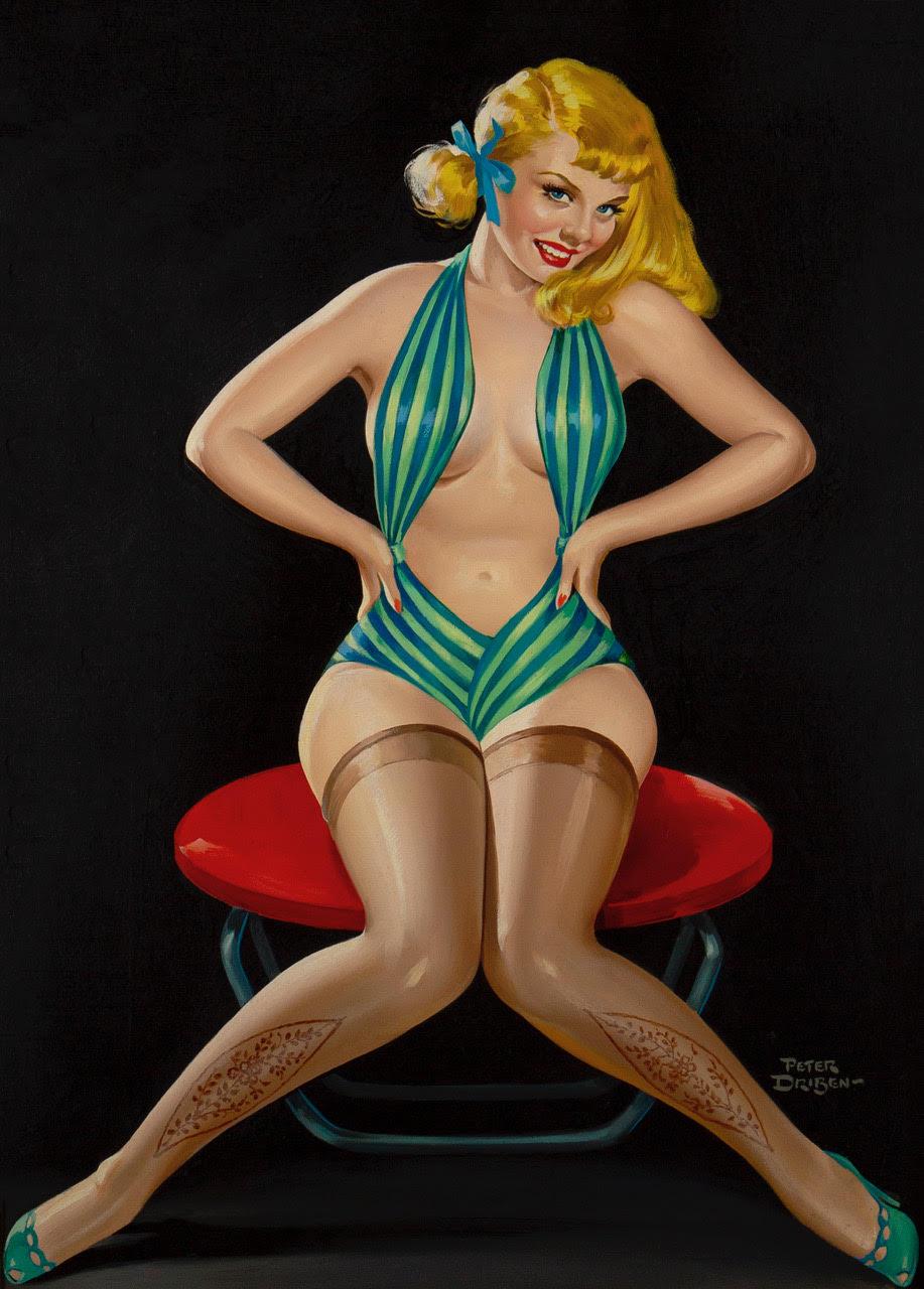 Peter Driben Figurative Painting - Beauty Parade Cover Girl - The Bashful Stripper