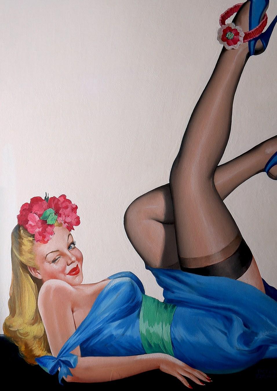 This large and vibrant Peter Driben pin-up girl illustration was created for use as the August 1949 cover of Wink Magazine - A Whirl Of Girls.  Classic cheesecake, this painting also appeared as the February 1956 cover of Beauty Parade - The World's