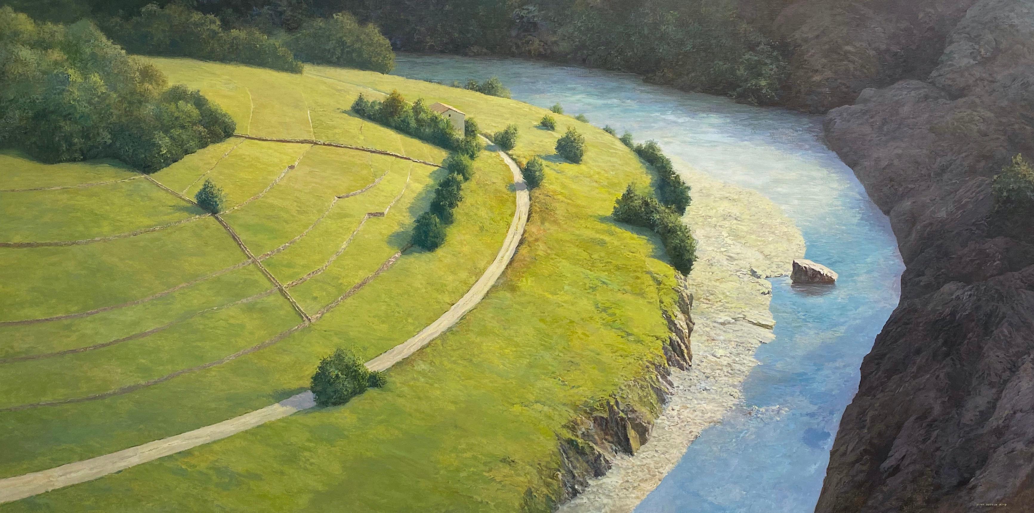 Landscape Painting Peter Durieux - Ardche à couper le souffle - Peinture néerlandaise du 21e siècle d'un paysage de rivière française.