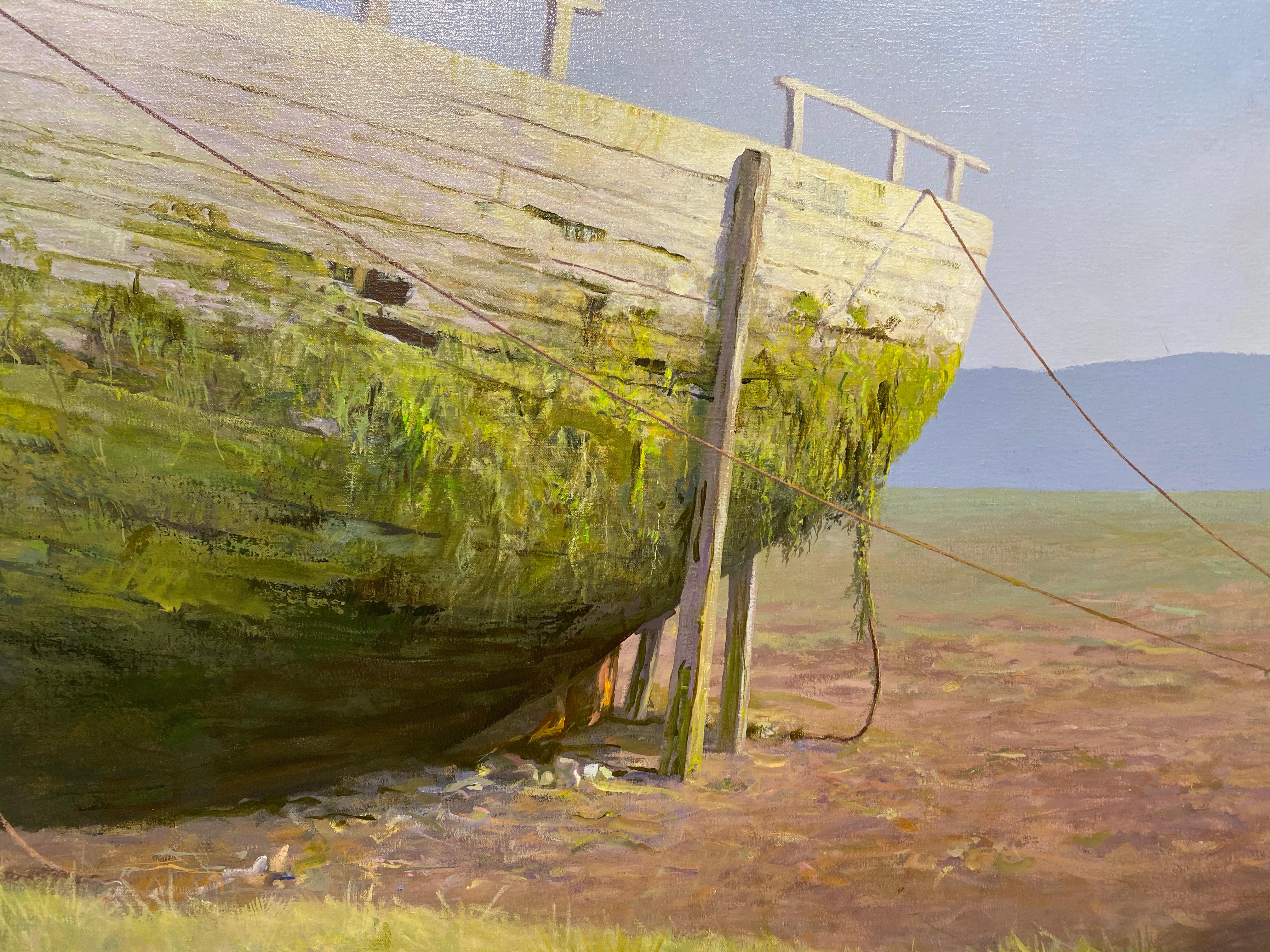 Porlock- 21st Century Realistic Landscape Painting with a wooden sloop 1
