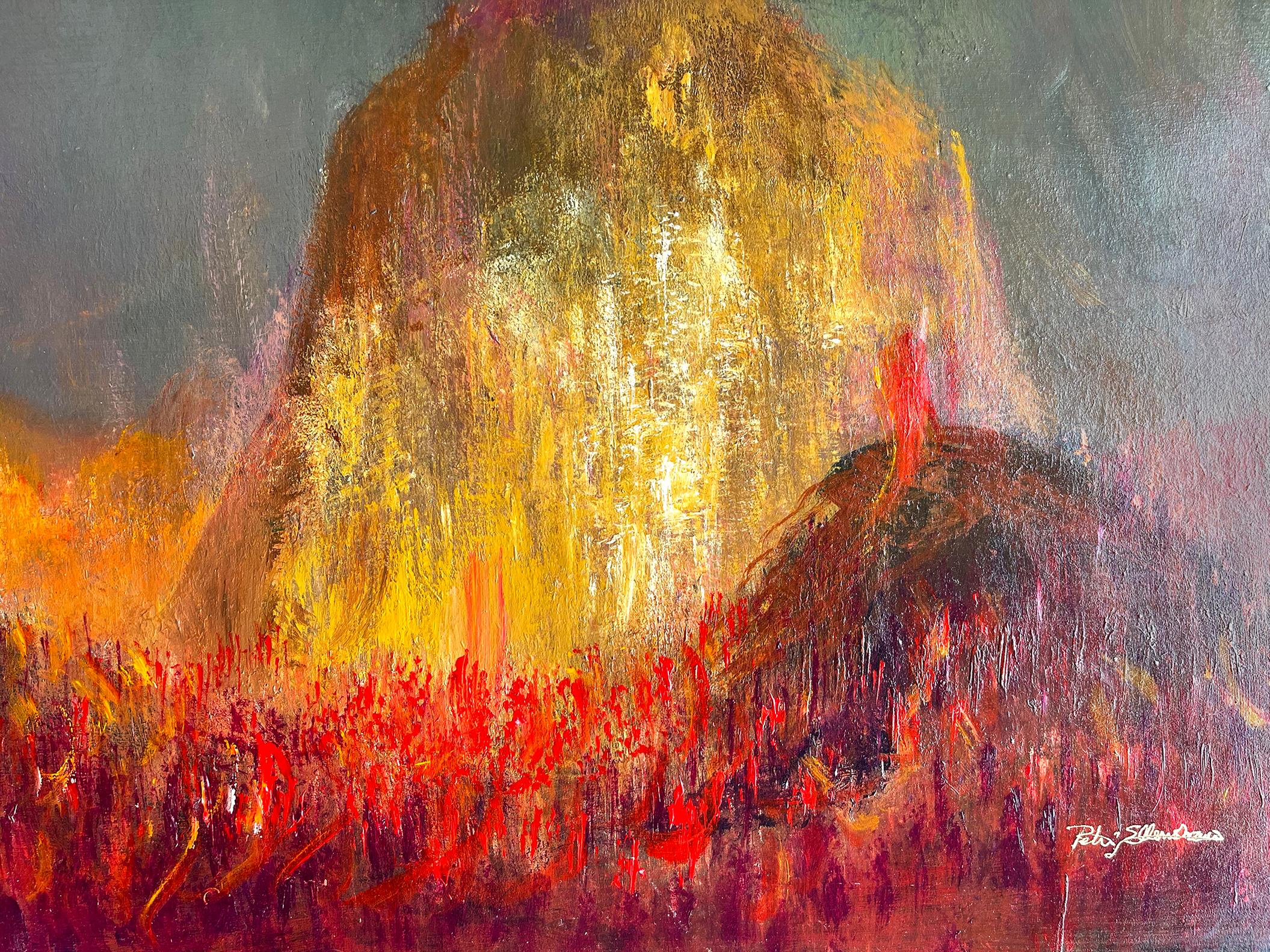Volcano Eruption - Explosive Fire Lava Flow from Hell - Painting by Peter Ellenshaw