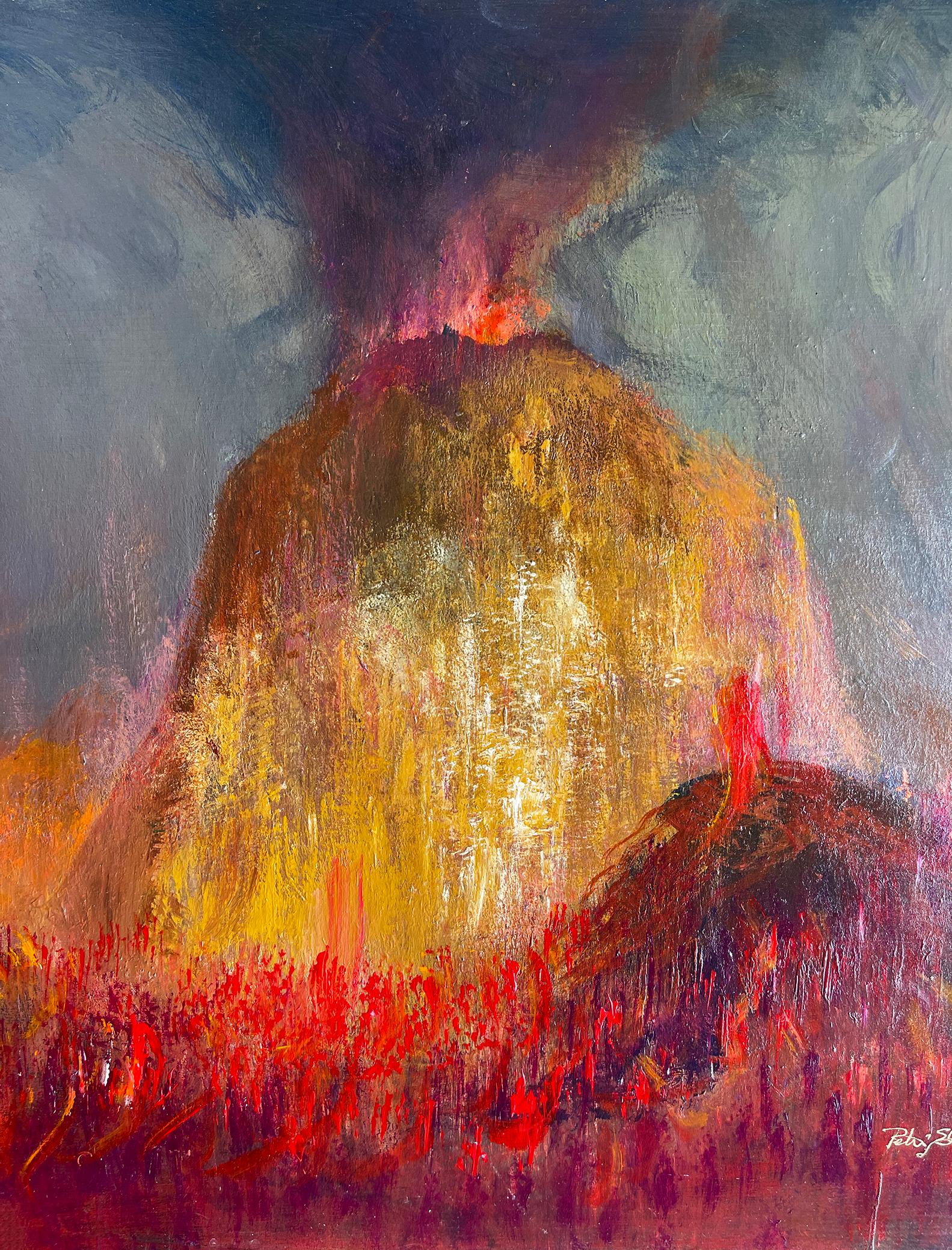 Éruption de volcan - Foulard de lave explosif de l'enfer - Marron Landscape Painting par Peter Ellenshaw