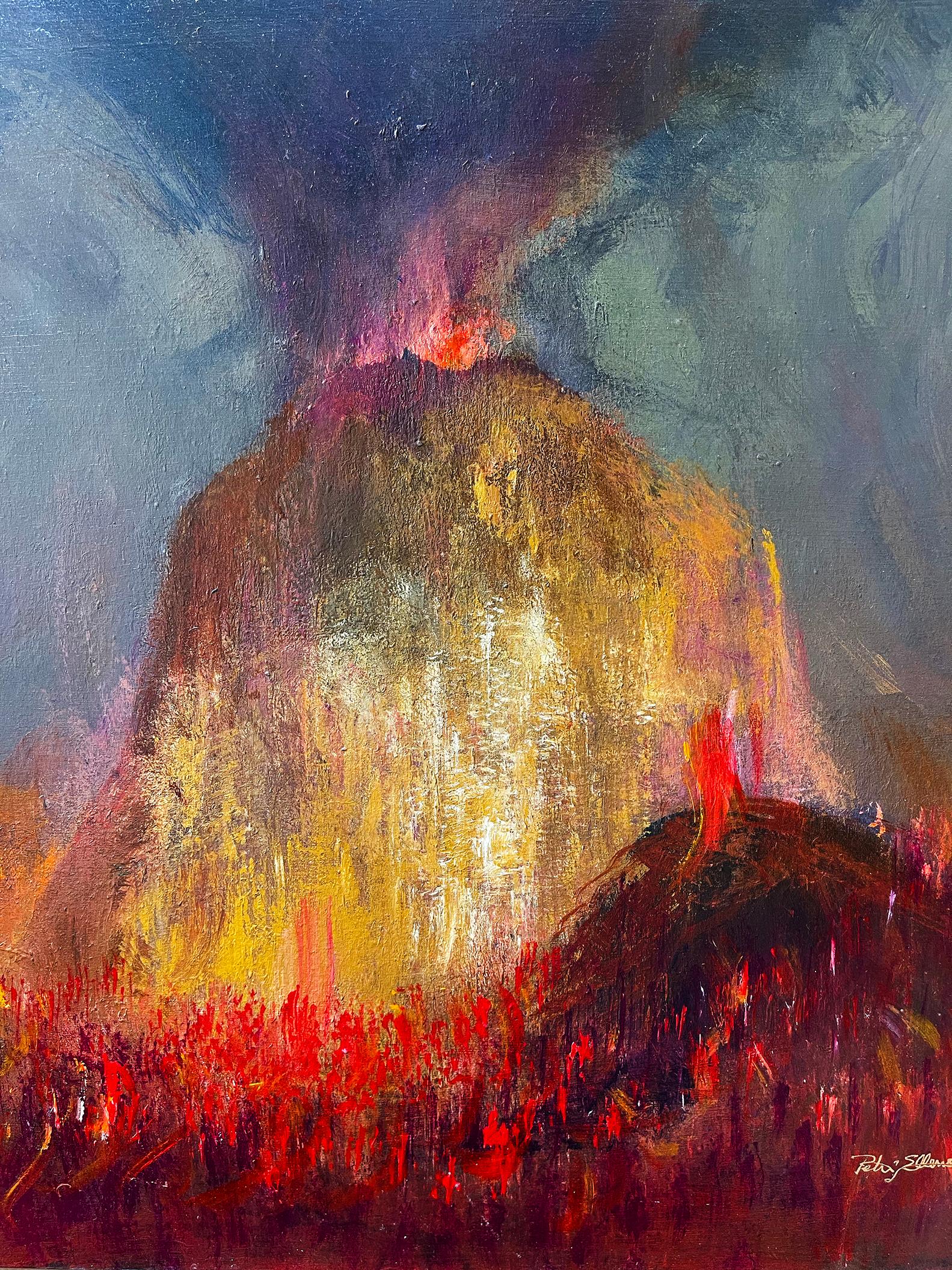 Volcano Eruption - Explosive Fire Lava Flow from Hell - Surrealist Painting by Peter Ellenshaw