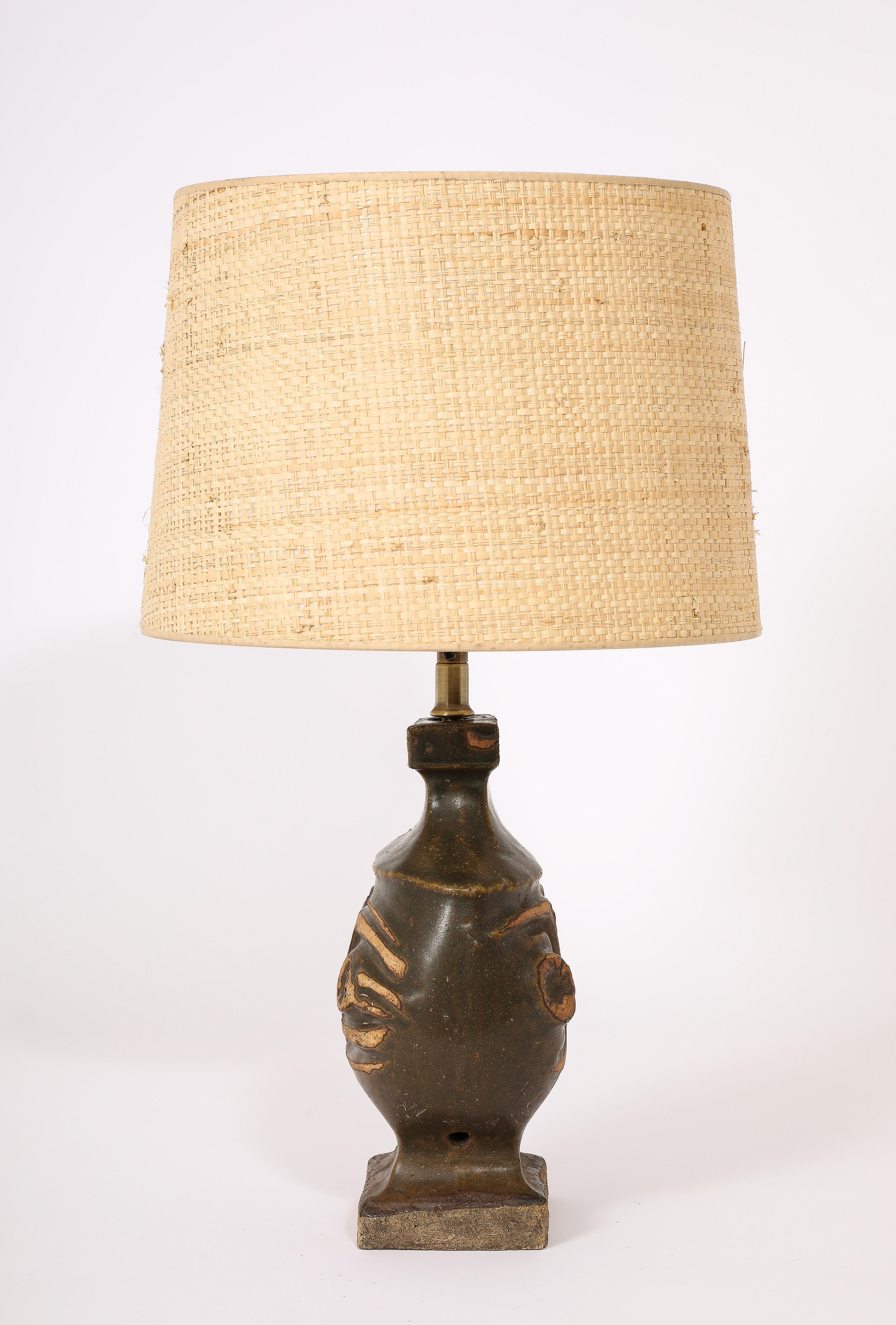 Ceramic Peter Ellery Green Brutalist Pottery Lamp, UK 1950's For Sale