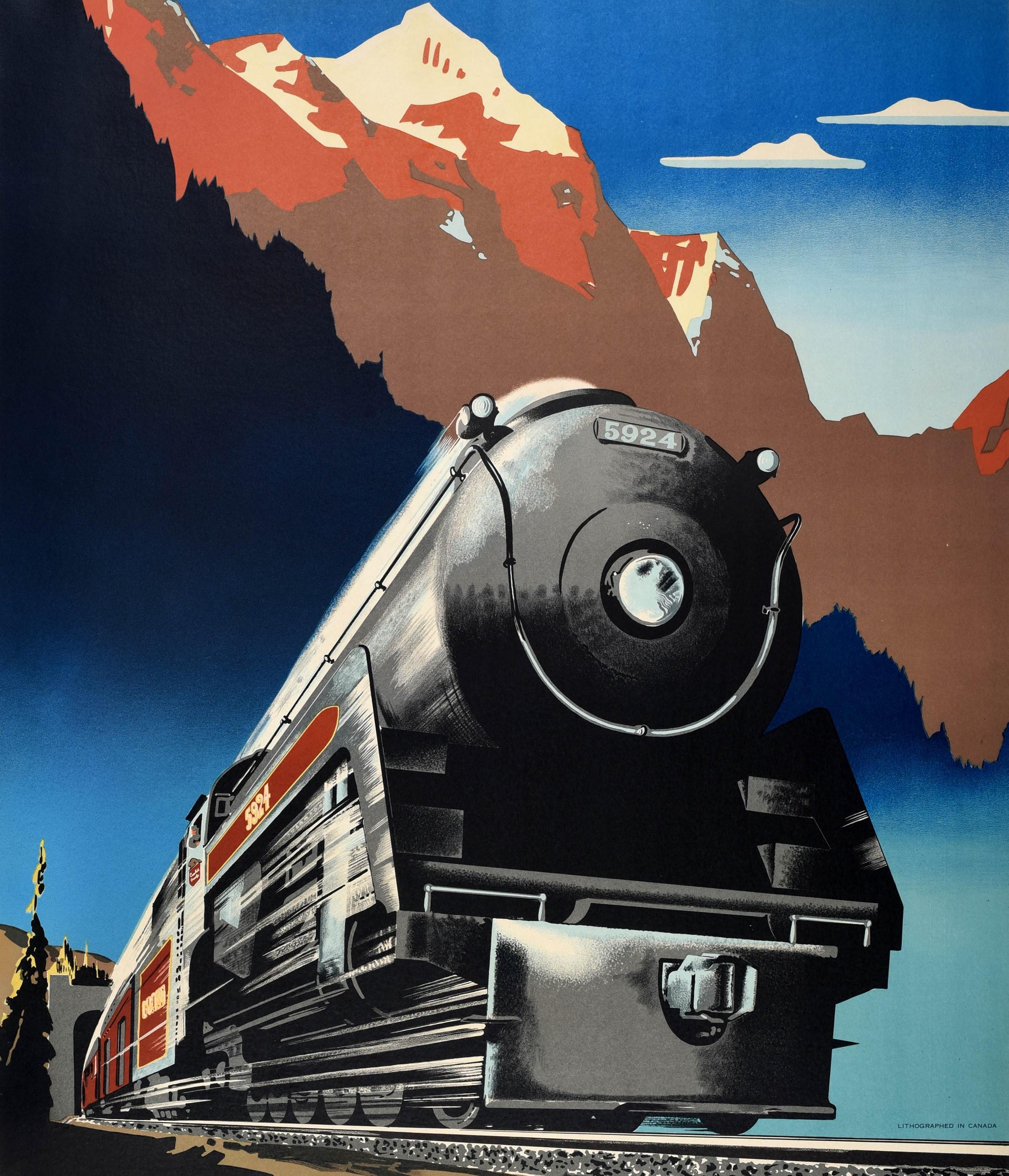 Poster ferroviario originale d'epoca Viaggio Canadian Pacific attraverso il Canada Arte del treno - Print Nero di Peter Ewart