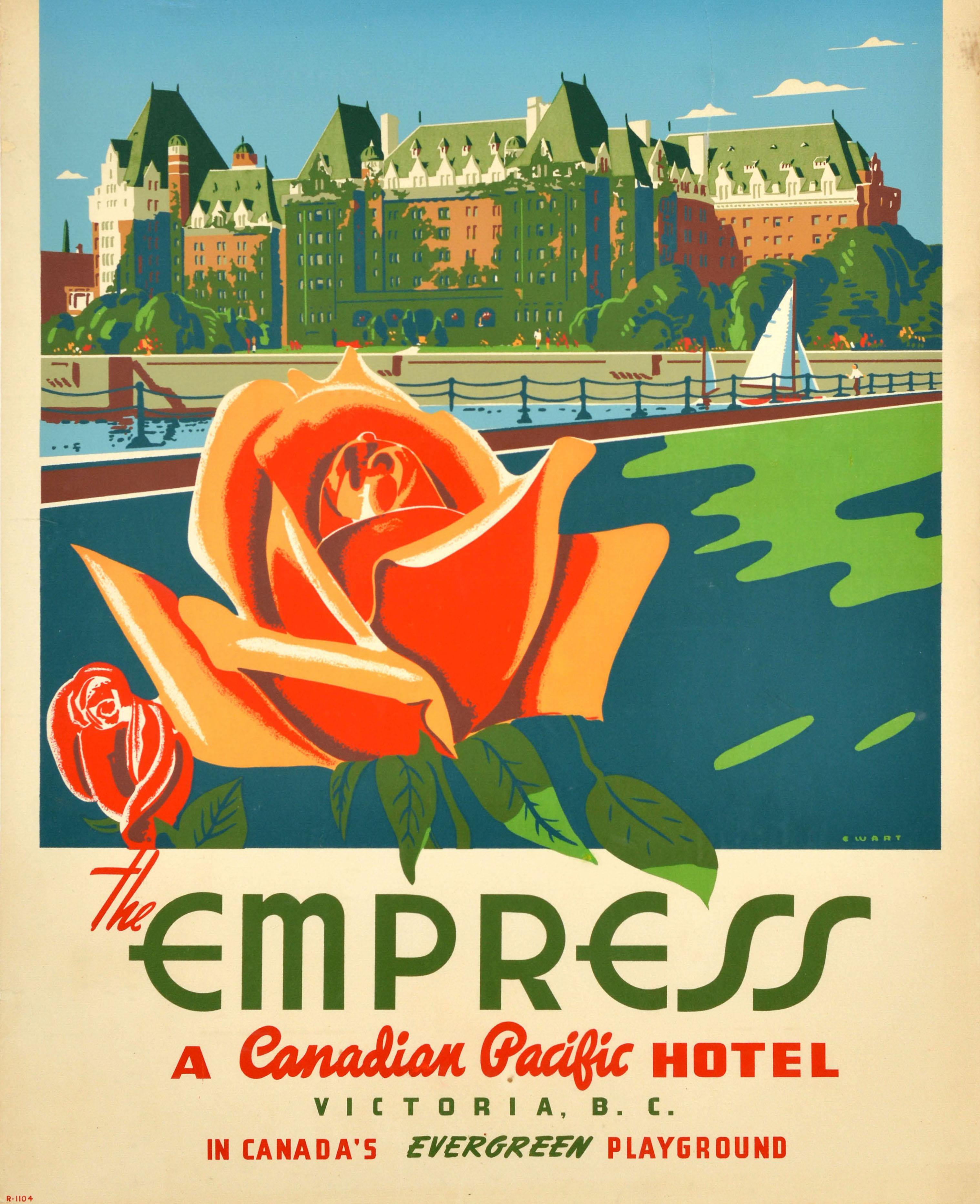 Original vintage travel advertising poster for The Empress A Canadian Pacific Hotel Victoria B.C. In Canada's Evergreen Playground featuring colourful artwork by the Canadian artist Peter Maxwell Ewart (1918-2001) showing a view of the historic