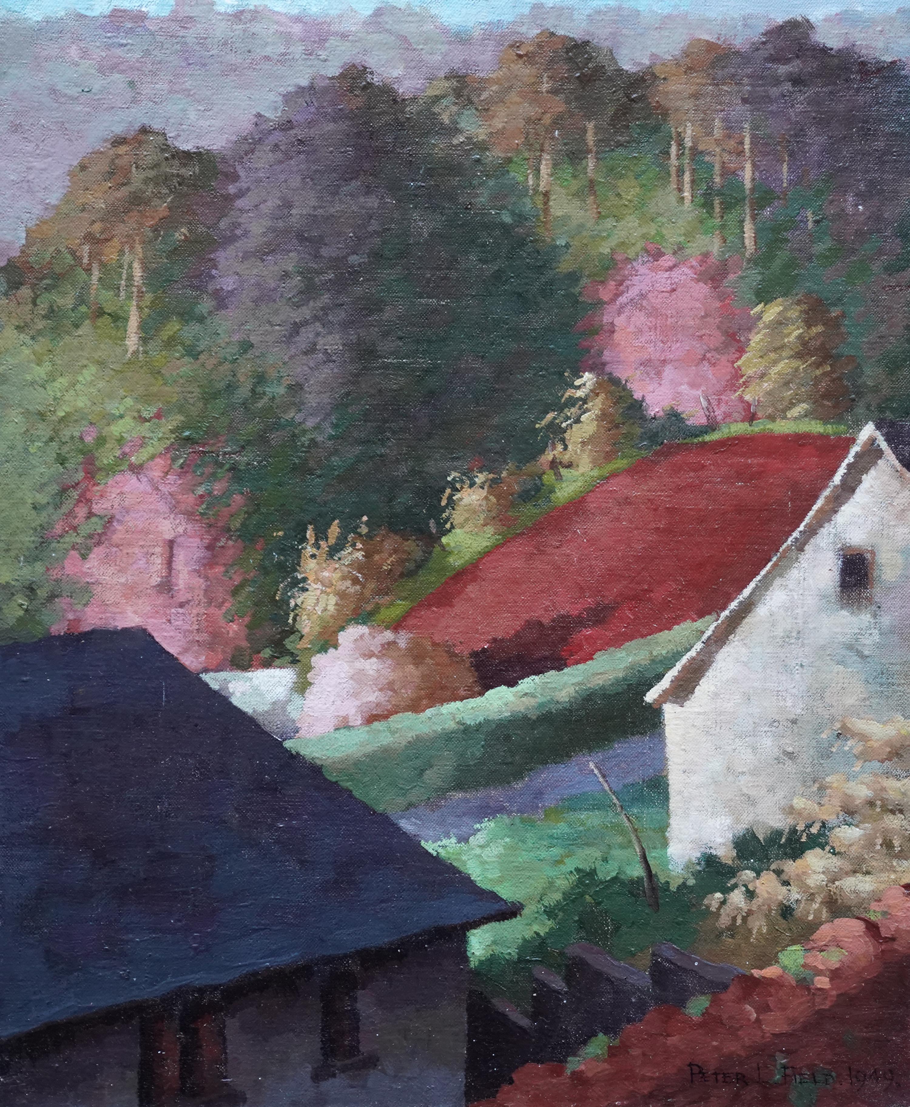 Houses in the Woods - Britische postimpressionistische Kunst 1949 Landschaft Ölgemälde – Painting von Peter Field