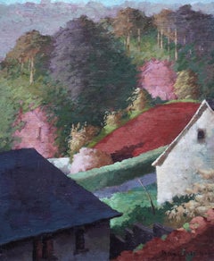 Houses in the Woods - British Post Impressionist art 1949 landscape oil painting