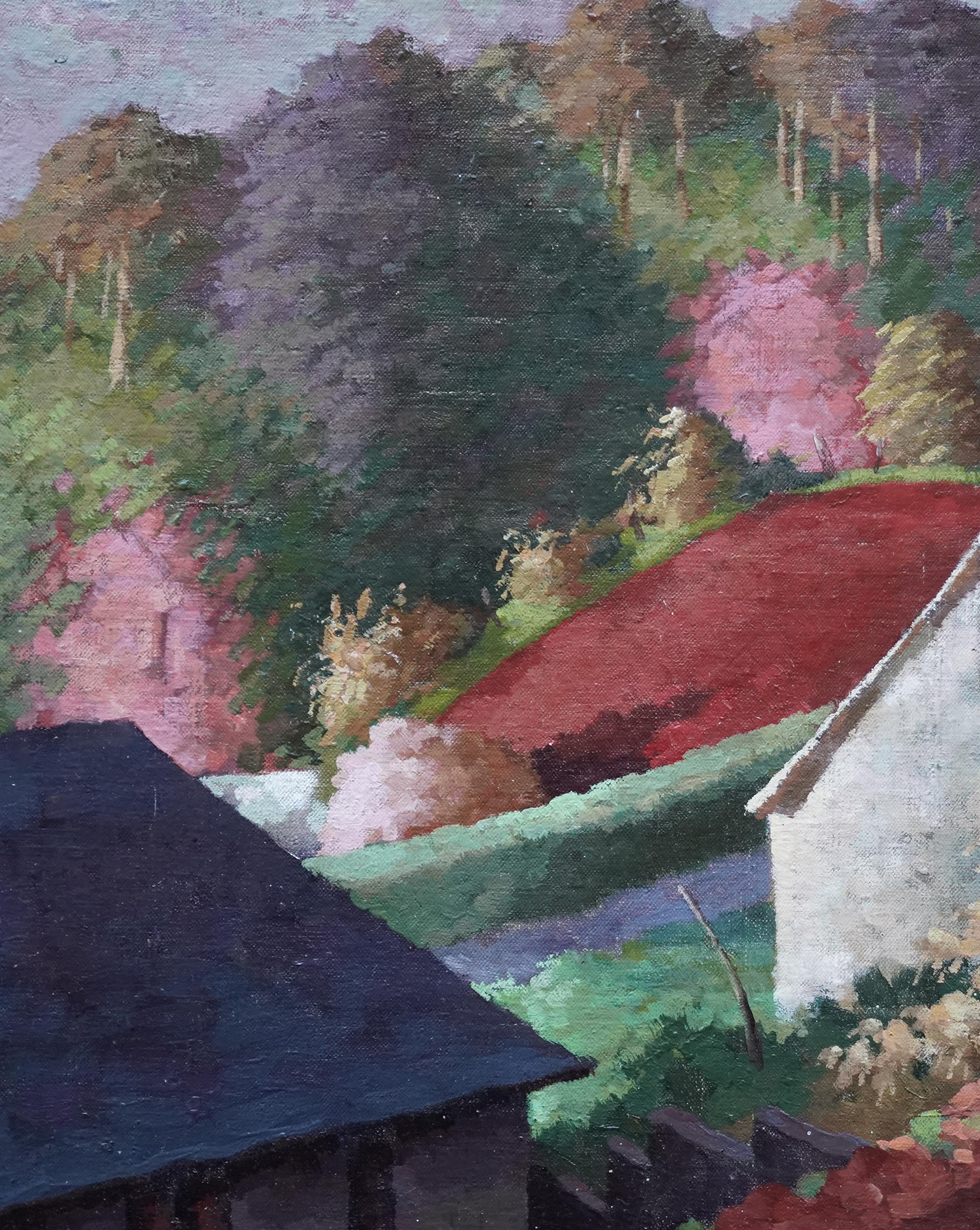 Houses in the Woods - Britische postimpressionistische Kunst 1949 Landschaft Ölgemälde (Post-Impressionismus), Painting, von Peter Field