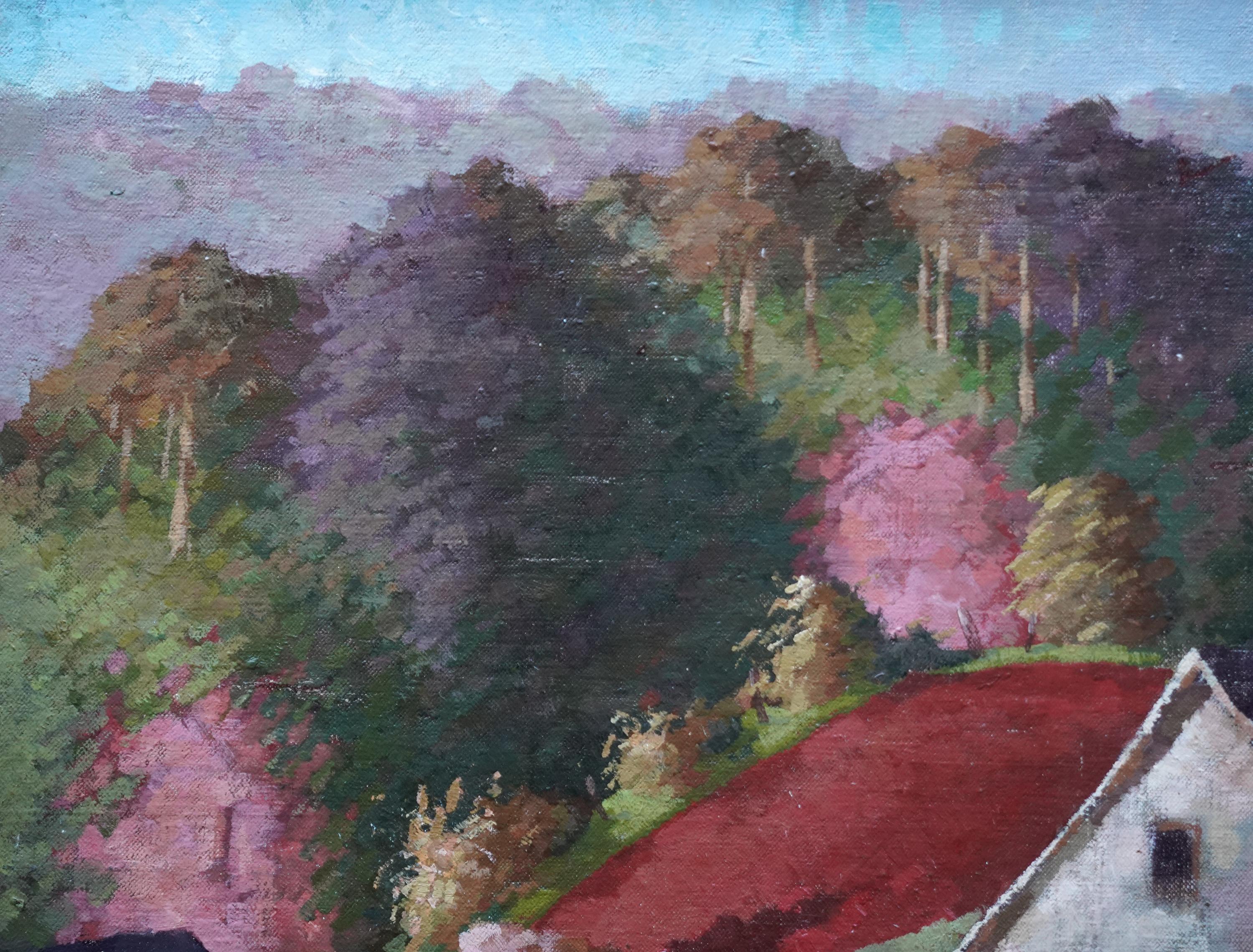 Houses in the Woods - Britische postimpressionistische Kunst 1949 Landschaft Ölgemälde (Grau), Landscape Painting, von Peter Field