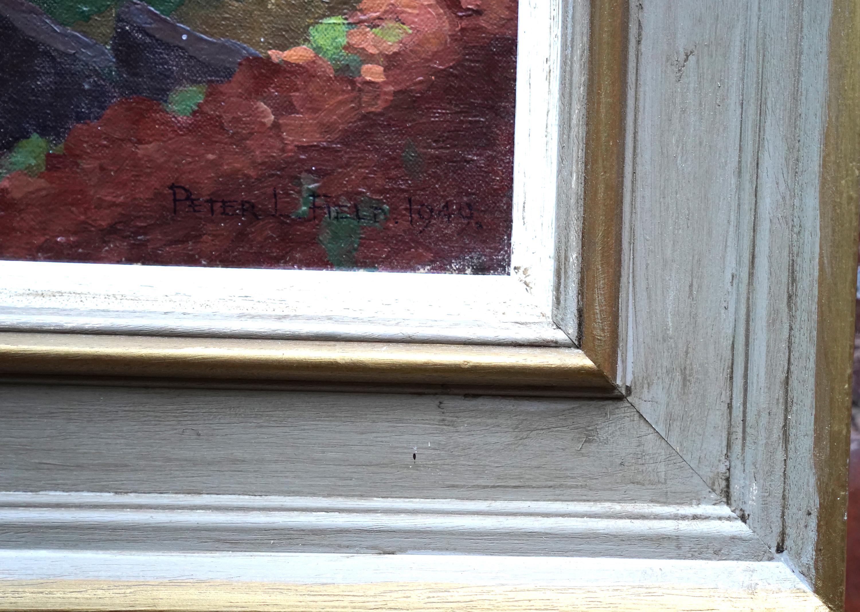 Houses in the Woods - Britische postimpressionistische Kunst 1949 Landschaft Ölgemälde im Angebot 1