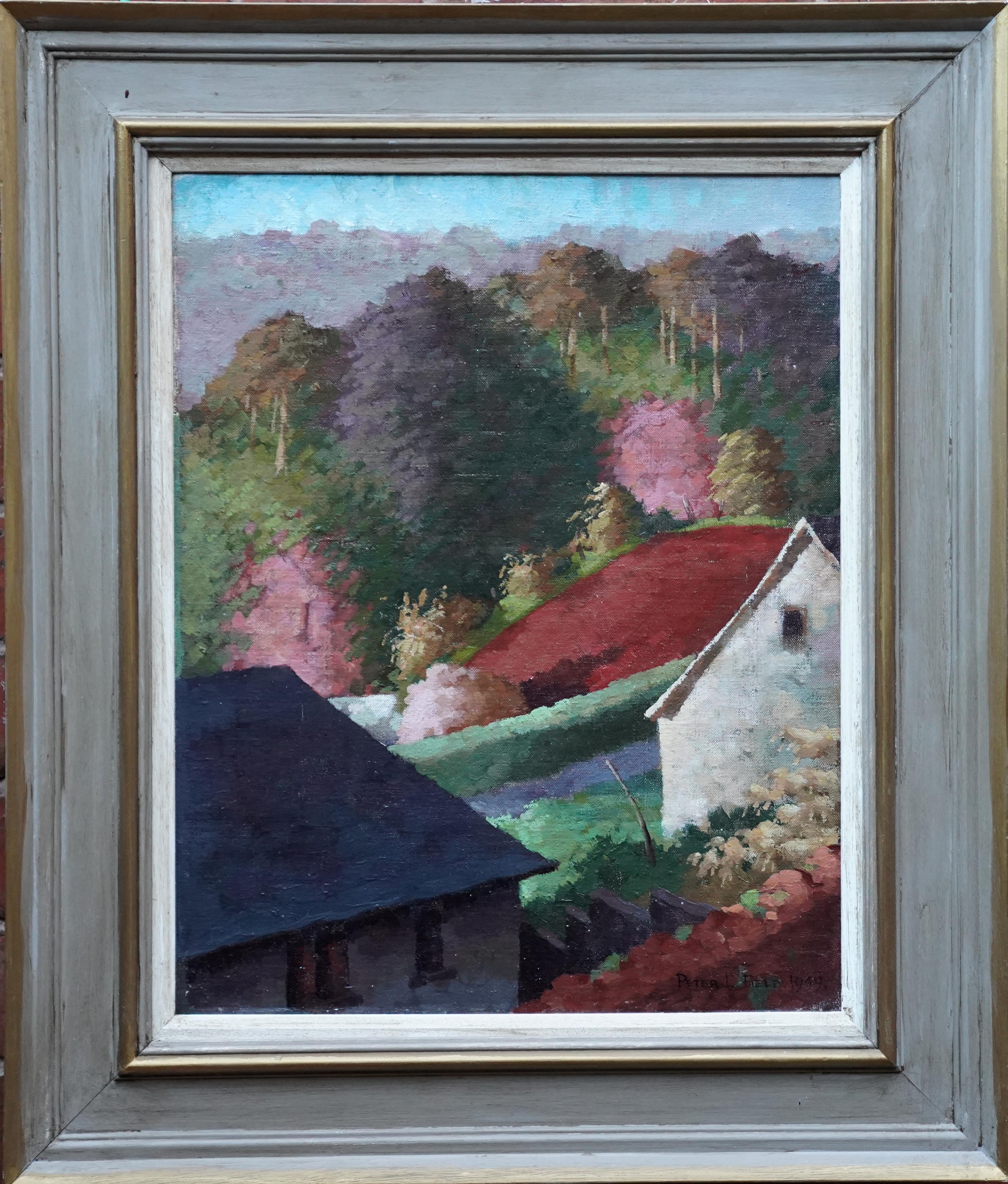 Houses in the Woods - Britische postimpressionistische Kunst 1949 Landschaft Ölgemälde im Angebot 3